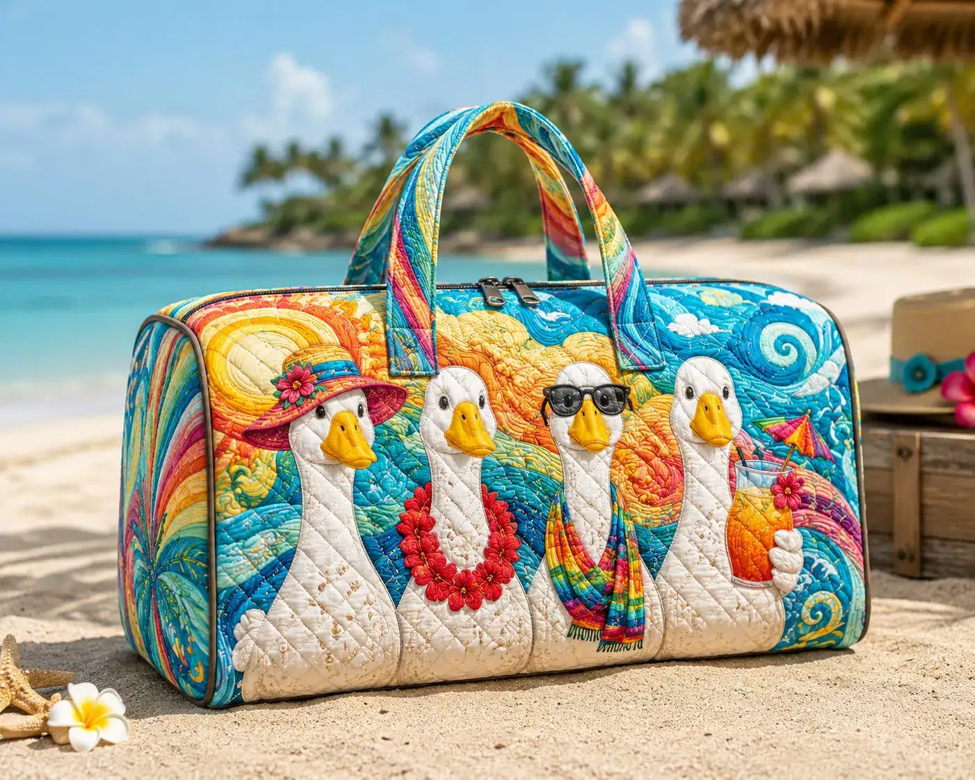 Beach Goose Quilted Weekend Bag, Tropical Vacation Travel Duffle, Summer Coastal Overnight Tote, Goose Lover Gift ORD-ZTI12