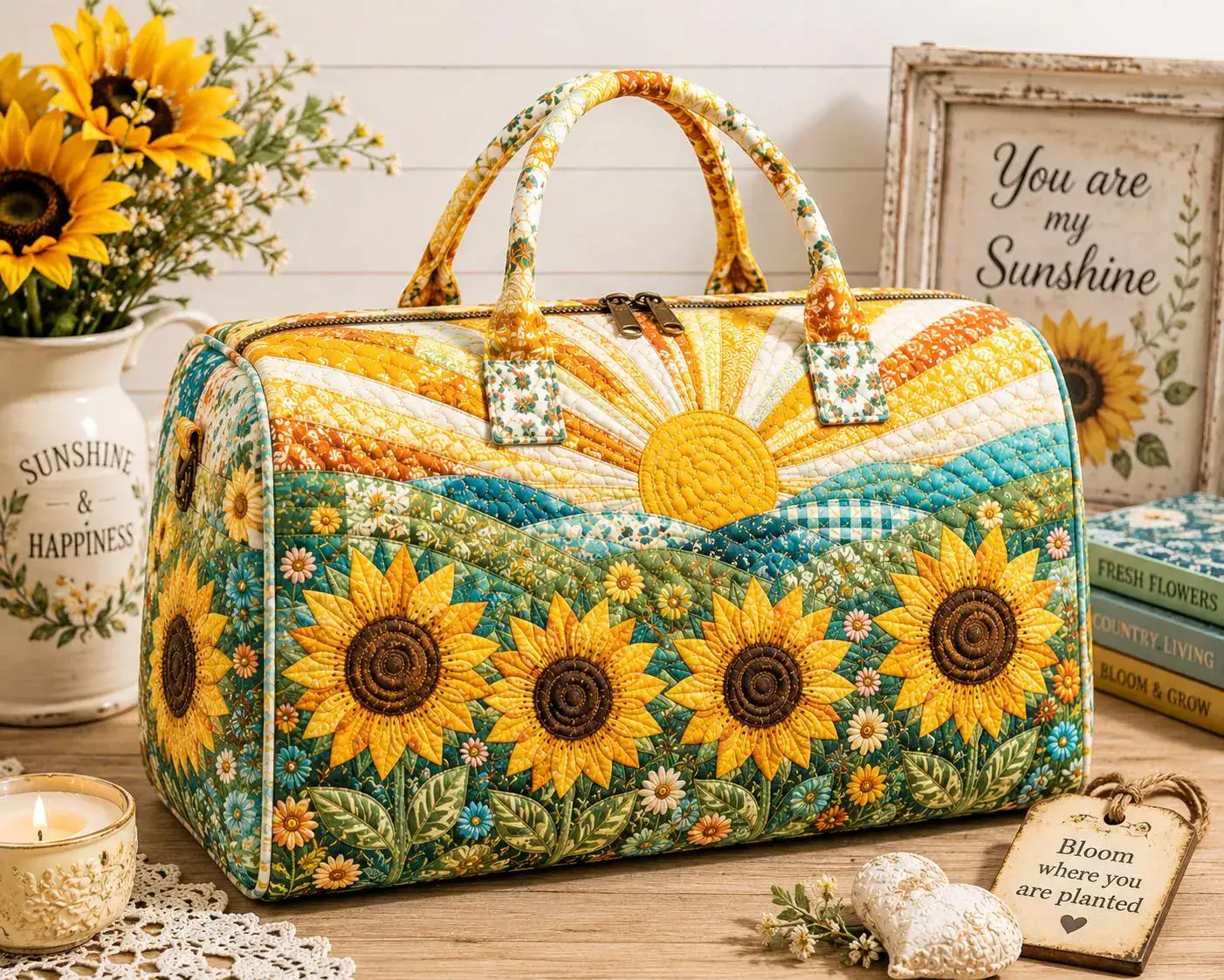 Sunflower Quilted Weekend Bag, Cottagecore Travel Duffle, Sunshine Floral Overnight Tote, Country Farm Gift for Women ORD-ZTI15