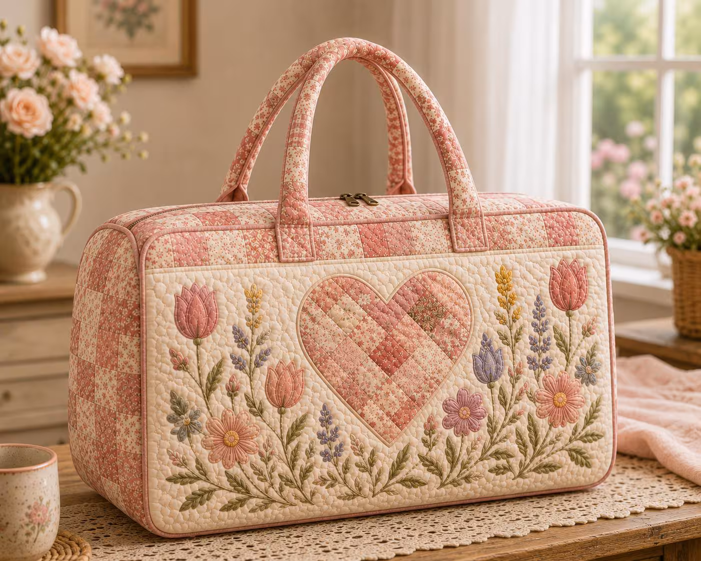 Pink Heart Quilted Weekend Bag, Romantic Floral Travel Duffel Bag, Cottagecore Overnight Bag, Valentine Gift for Her SRD-UYM74