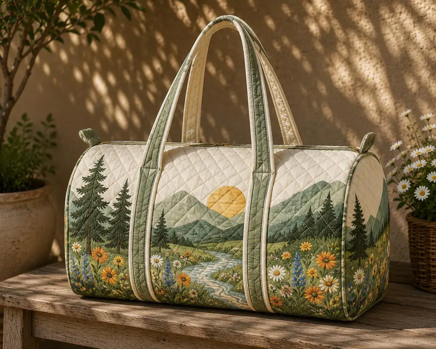 Mountain Travel Quilted Weekender Bag, Floral Duffel Bag, Nature Overnight Bag, Hiking Gym Bag, Weekend Getaway Bag ARD-FGY16 Mountain Travel Quilted Weekender Bag, Floral Duffel Bag, Nature Overnight Bag, Hiking Gym Bag, Weekend Getaway Bag ARD-FGY16 - Image 1