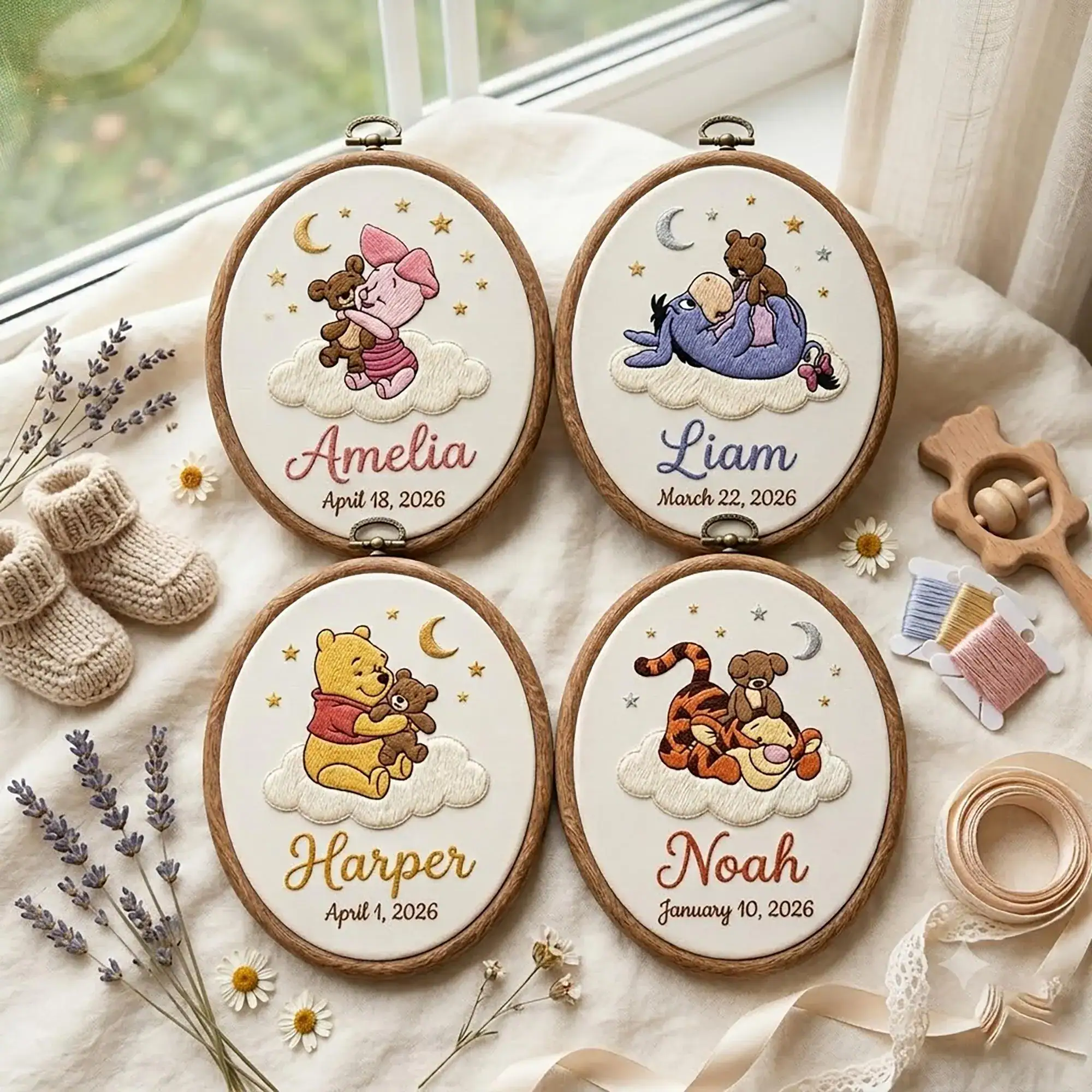 Embroidered Bear And Friends Name Hoop, Magical Land Keepsake, Nursery Decor, Custom Name Birth Announcement Sign, Little Boy Girl Gift