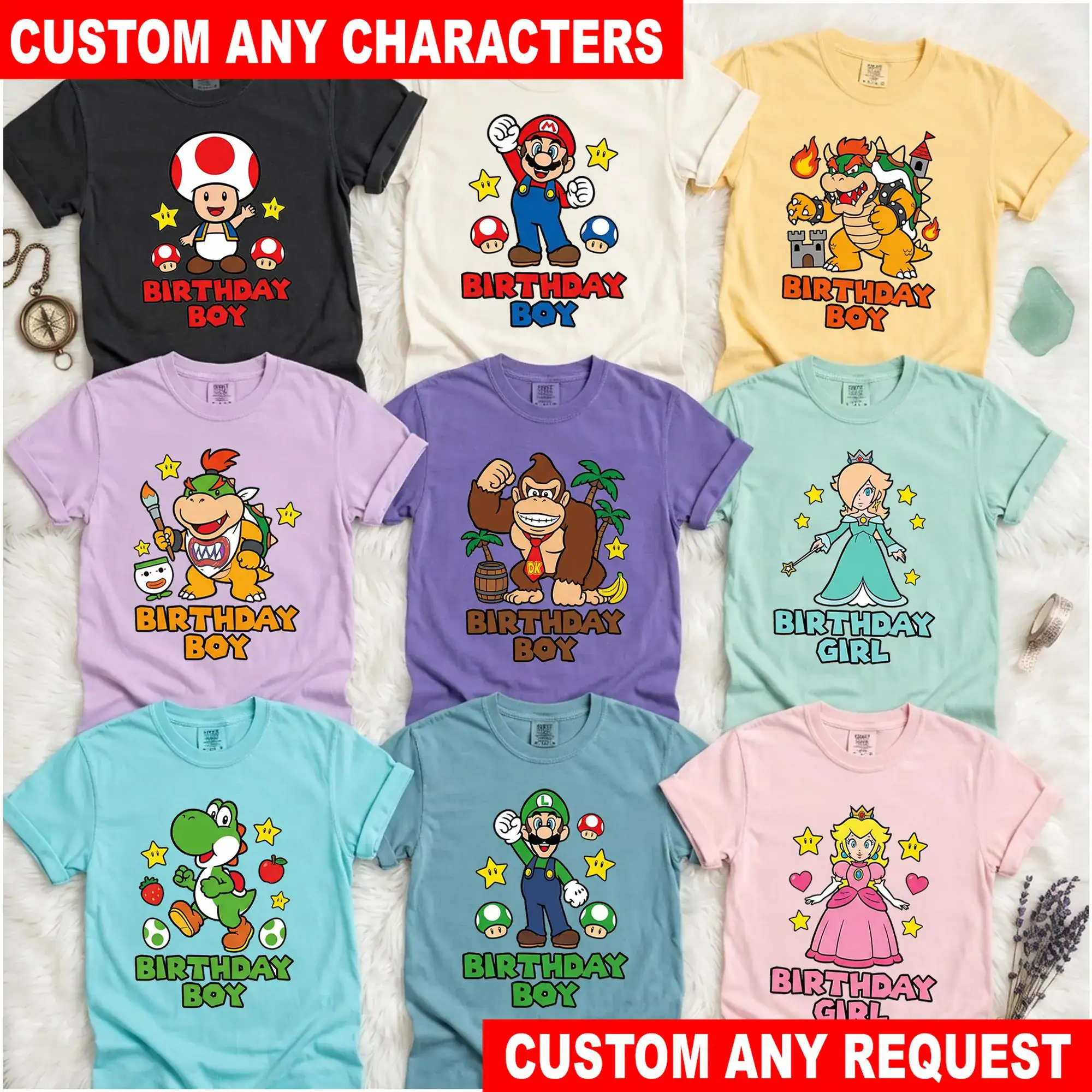 Personalized Mario Birthday Shirt, Custom Nintendo Birthday Boy Girl Shirt, Any Mario Character Tee, Custom Name Party Shirt