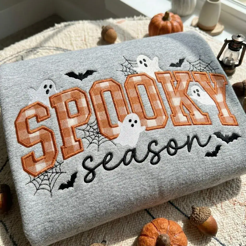 Spooky Season Sweatshirt, Ghost Embroidered Sweatshirt, Coquette Halloween Crewneck, Striped Ghost Shirt, Cute Fall Gift