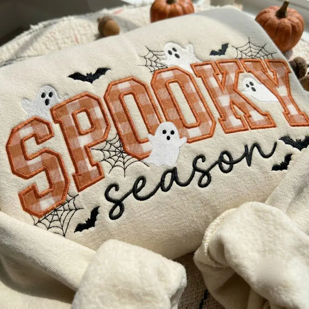 Spooky Season Embroidered Sweatshirt, Ghost Applique Sweatshirt, Coquette Halloween Crewneck, Cute Halloween Shirt, Fall Sweatshirt Gift