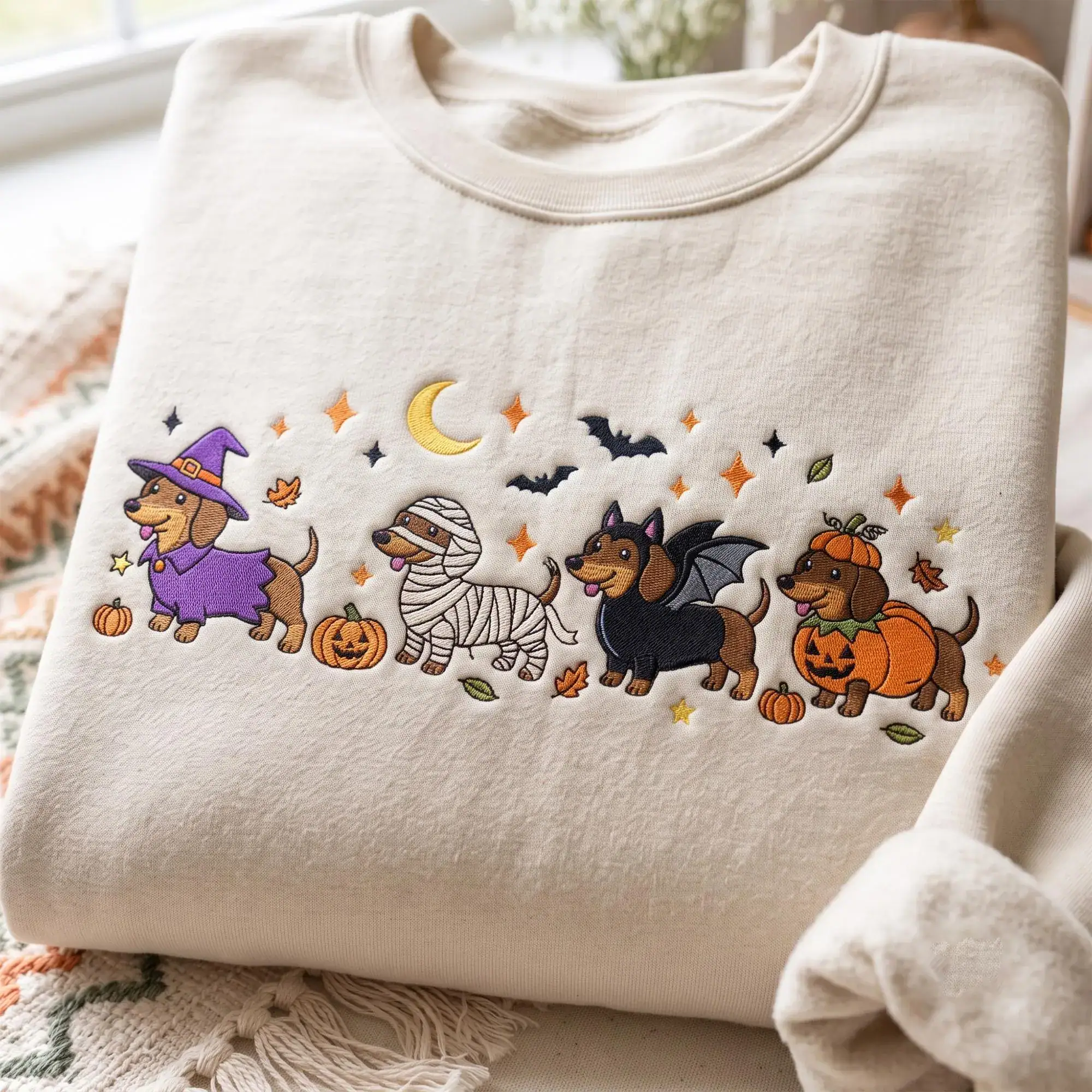 Halloween Dachshund Embroidered Sweatshirt, Cute Dog Costume Tee, Spooky Season Dog Lover Tee, Trick or Treat Weenie Dog Shirt, Dog Mom Gift
