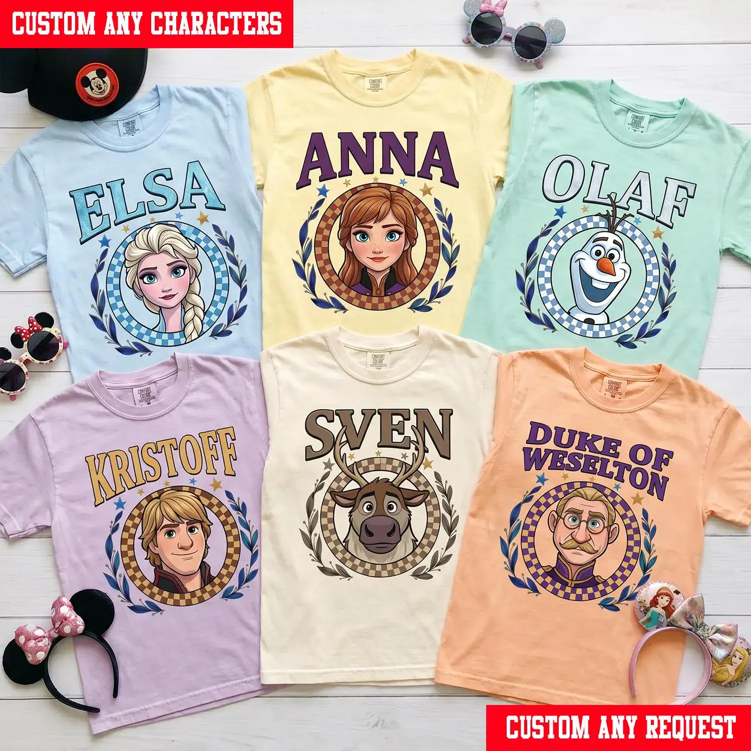 Custom Frozen Checkered Circle Shirt, Personalized Frozen Family Matching Tee, Elsa Anna Olaf Shirt, Frozen Birthday Custom Character Shirt