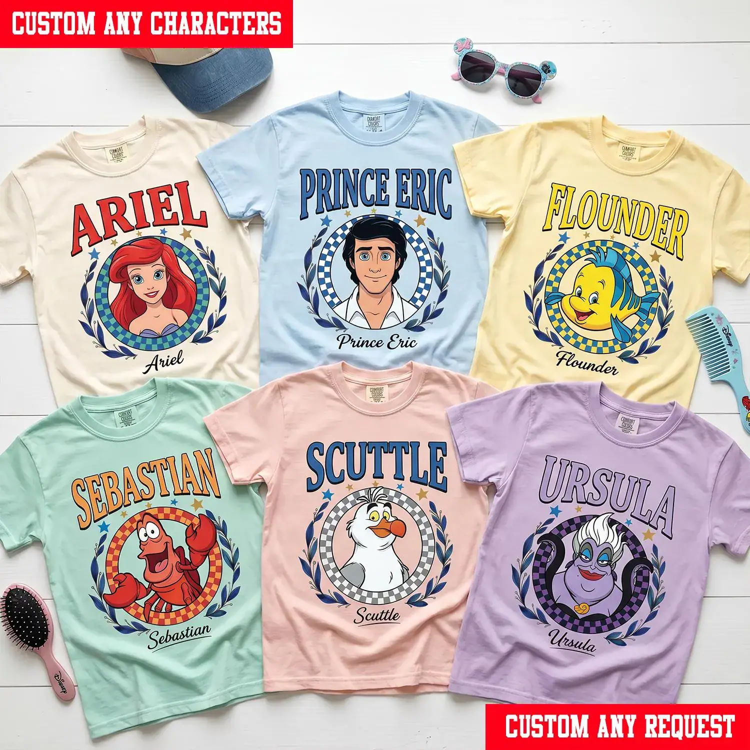 Custom Little Mermaid Checkered Circle Shirt, Personalized Ariel Family Matching Tee, Ariel Prince Eric Sebastian Birthday T-Shirt
