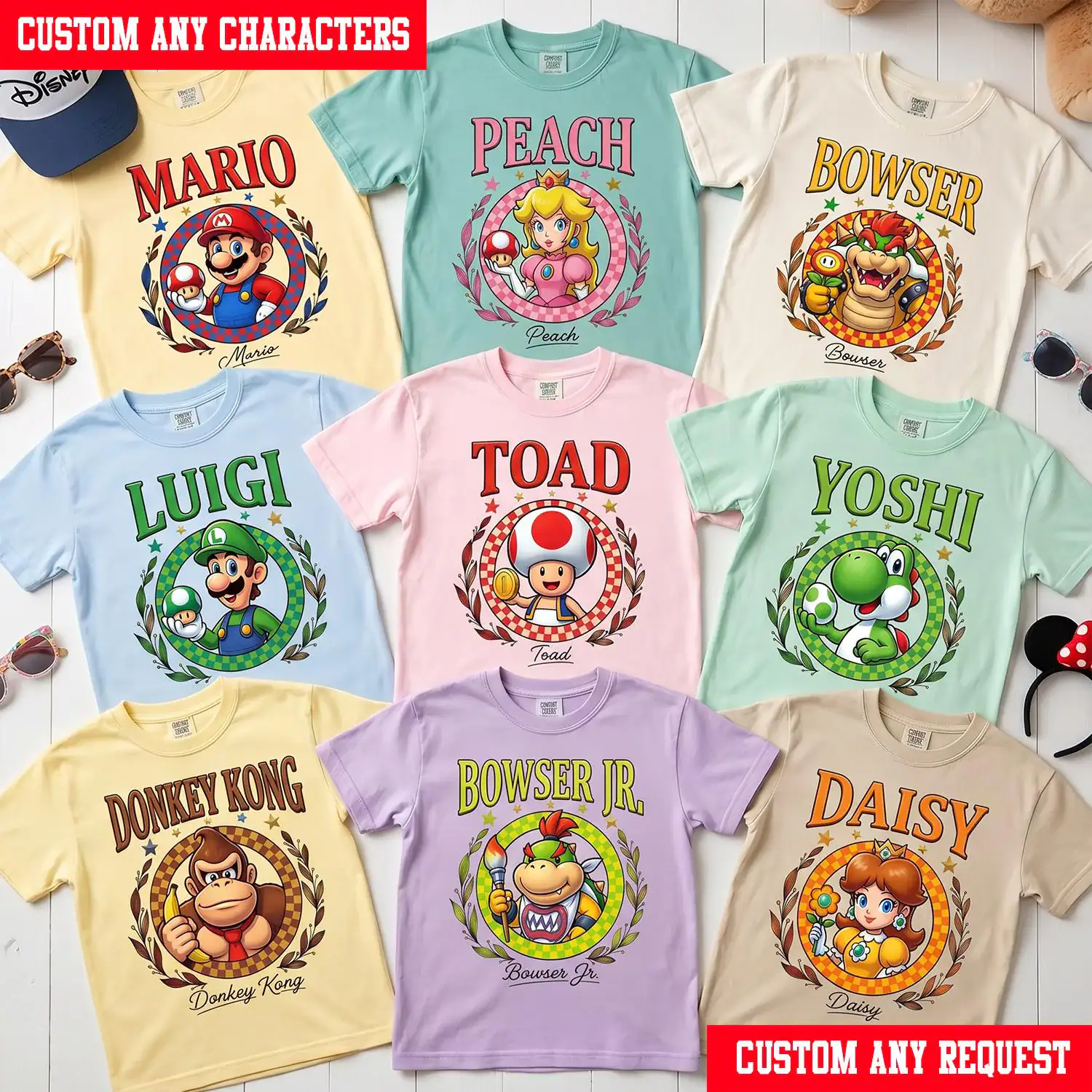 Custom Super Mario Checkered Circle Shirt, Personalized Mario Family Matching Tee, Mario Luigi Peach Yoshi Birthday T-Shirt