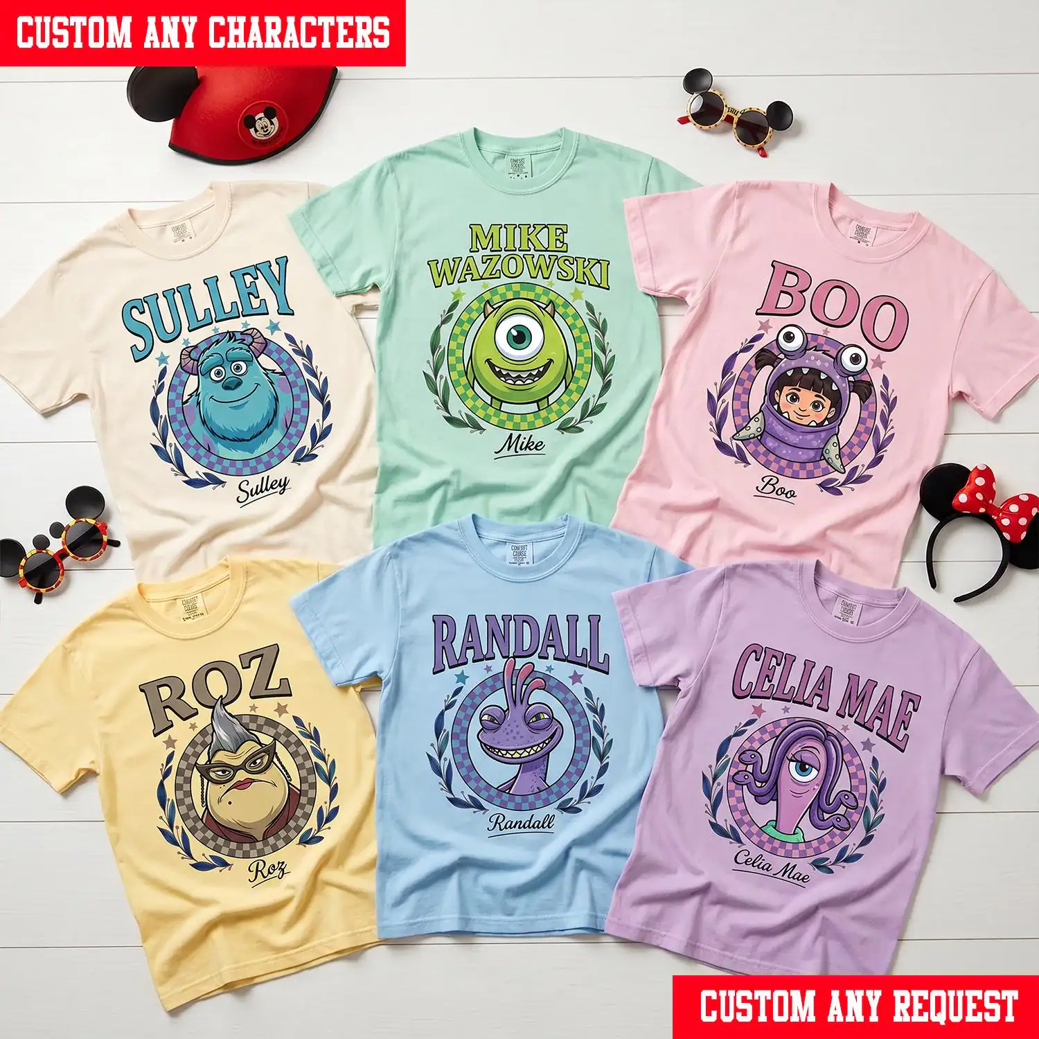 Custom Monsters Inc Checkered Circle Shirt, Personalized Monsters Inc Family Matching Tee, Sulley Mike Boo Birthday T-Shirt