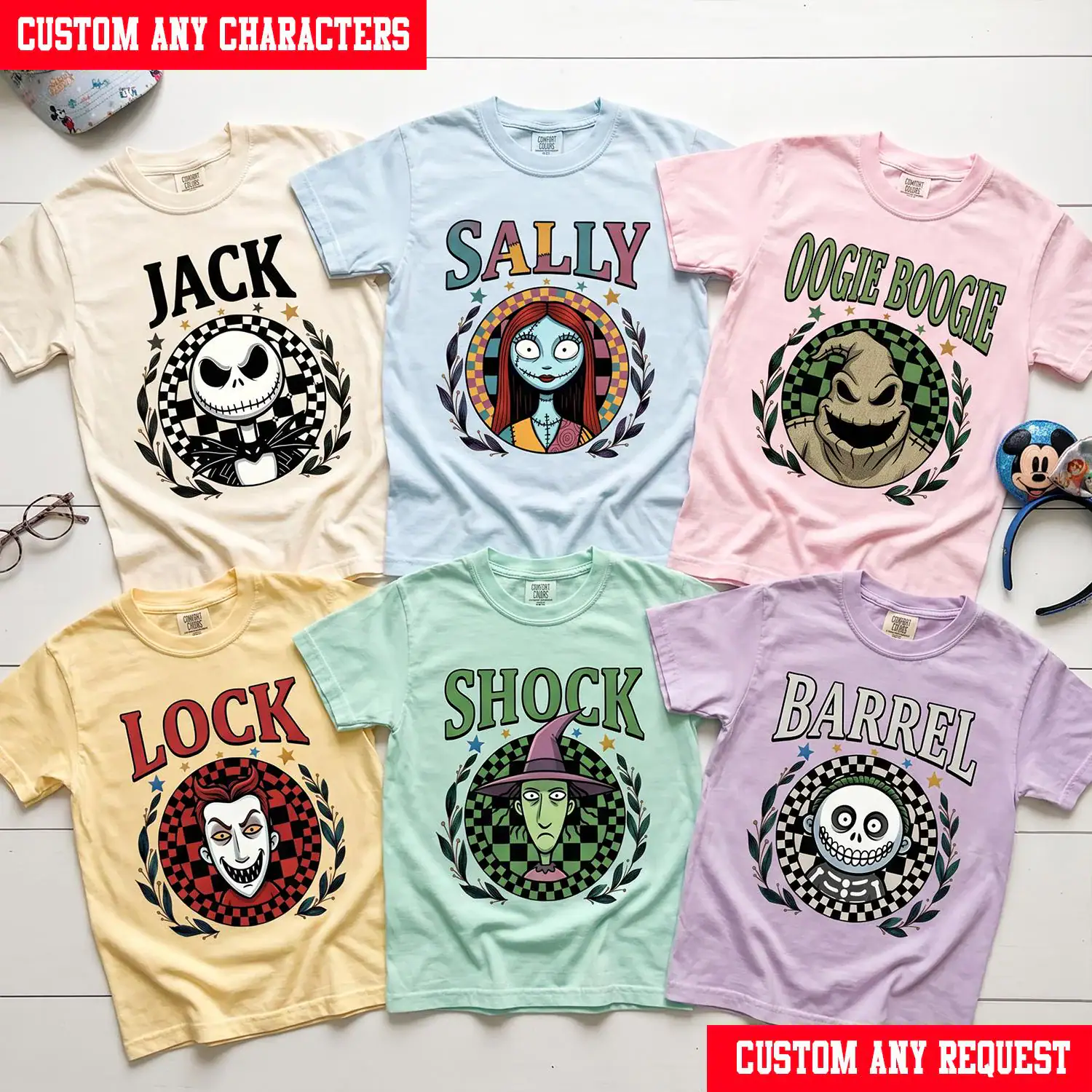 Custom Nightmare Before Christmas Checkered Circle Shirt, Personalized NBC Family Matching Tee, Jack Sally Oogie Boogie Birthday T-Shirt