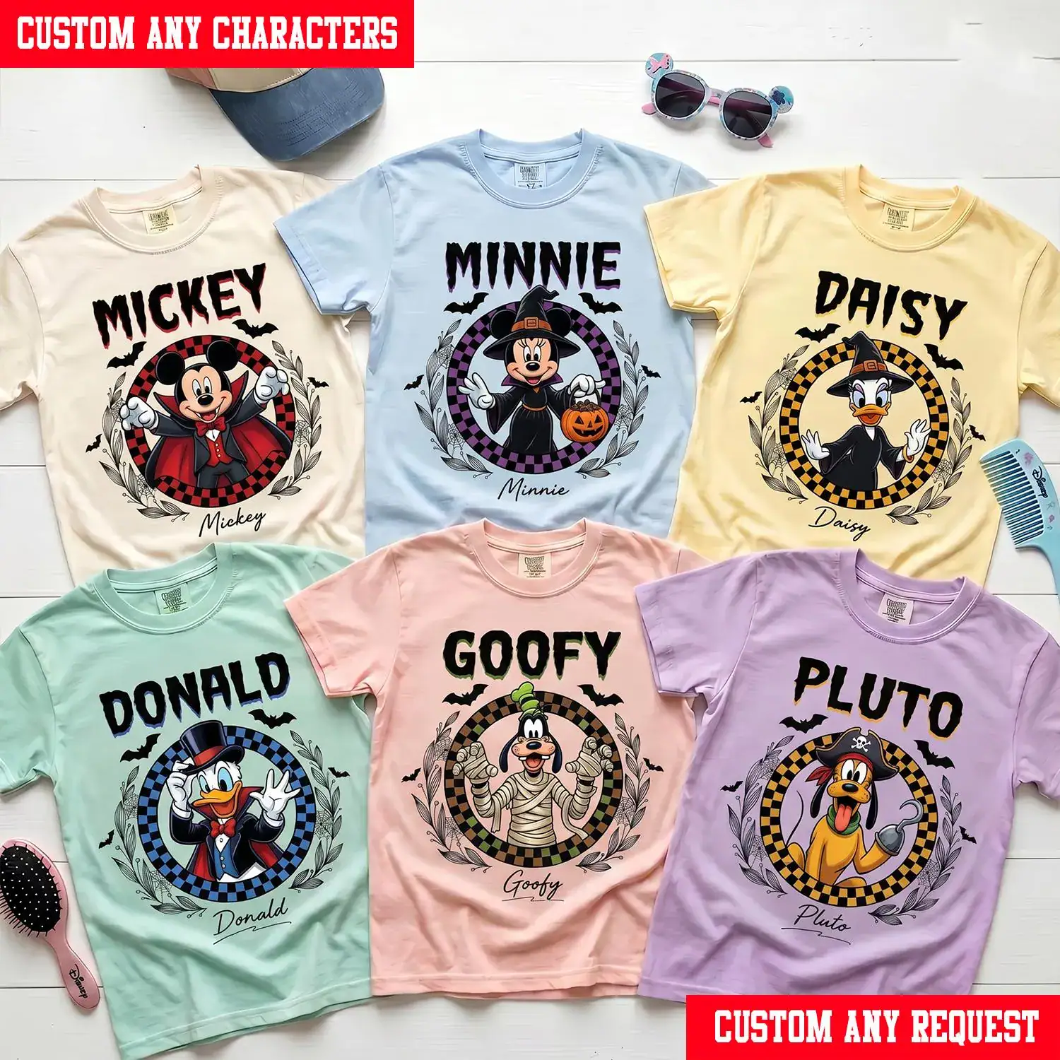 DN Halloween Mickey Checkered Circle Shirt, Mickey Minnie Donald Daisy Goofy Pluto Family Matching Tee, Custom Halloween Character Shirt