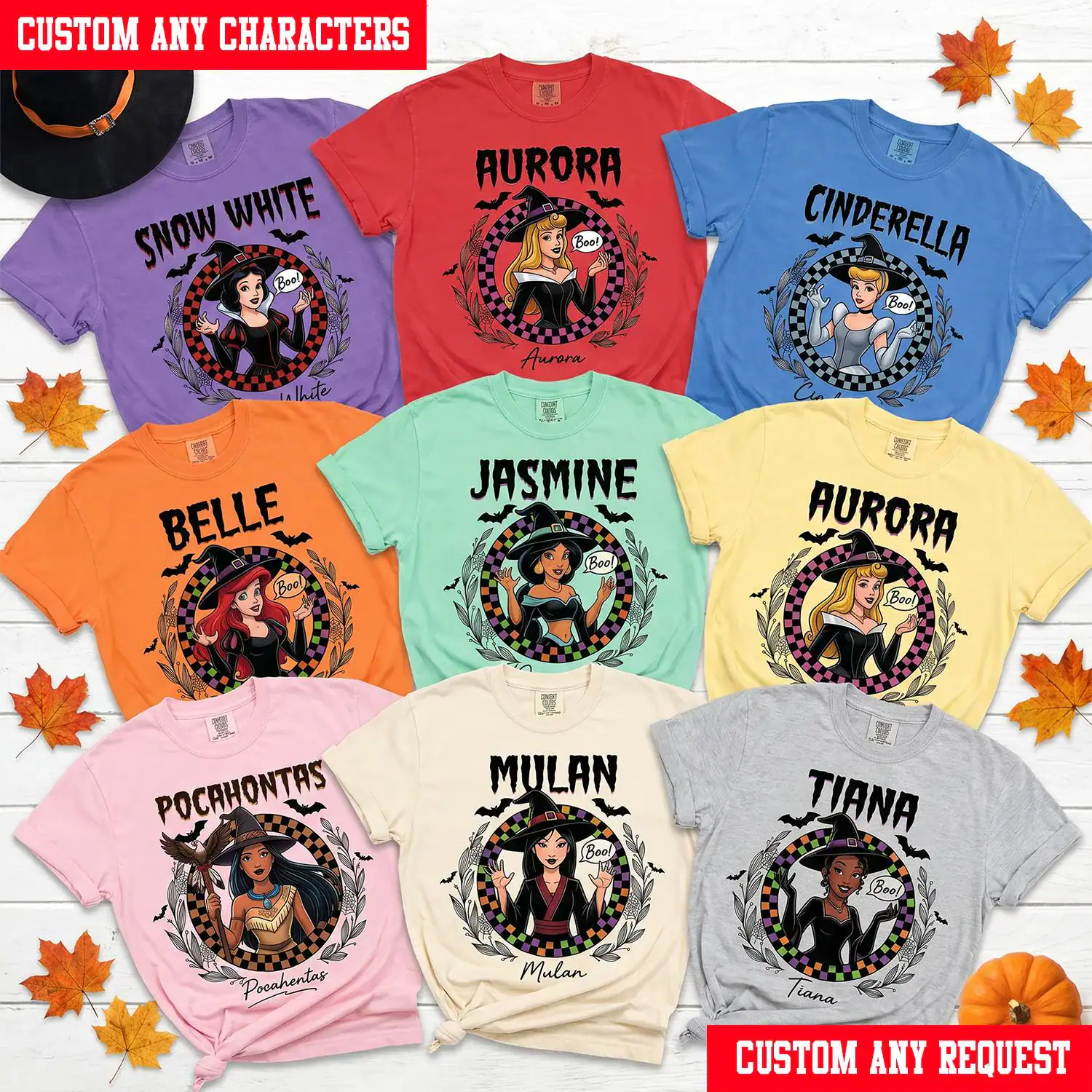 Custom DN Princess Checkered Circle Halloween Shirt, Snow White Cinderella Ariel Belle Jasmine Mulan Tiana Family Matching Tee