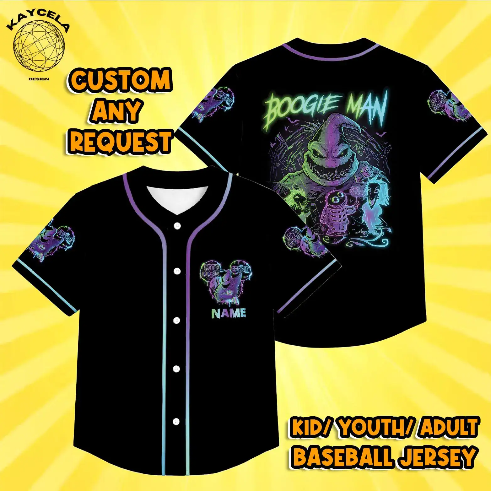Neon Oogie Boogie Man Baseball Jersey, The Nightmare Before Christmas Oogie Boogie Lock Shock Barrel Disney Halloween Jersey