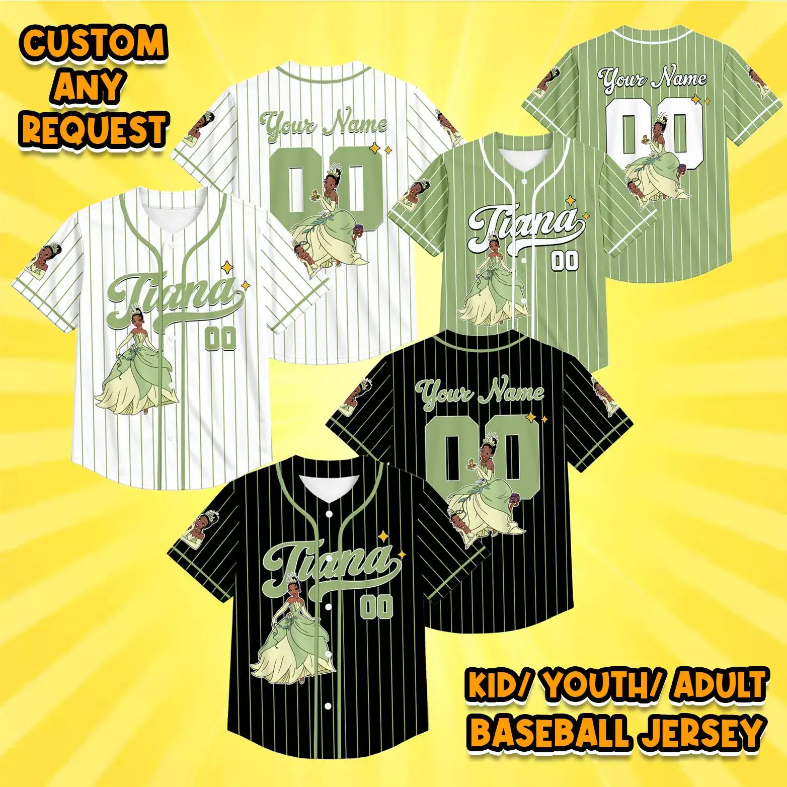 Personalized Tiana Baseball Jersey, Tiana Princess Jersey Shirt, Birthday Gift, Baseball Fan Lover Gift, Kid Youth Adult Baseball Jersey