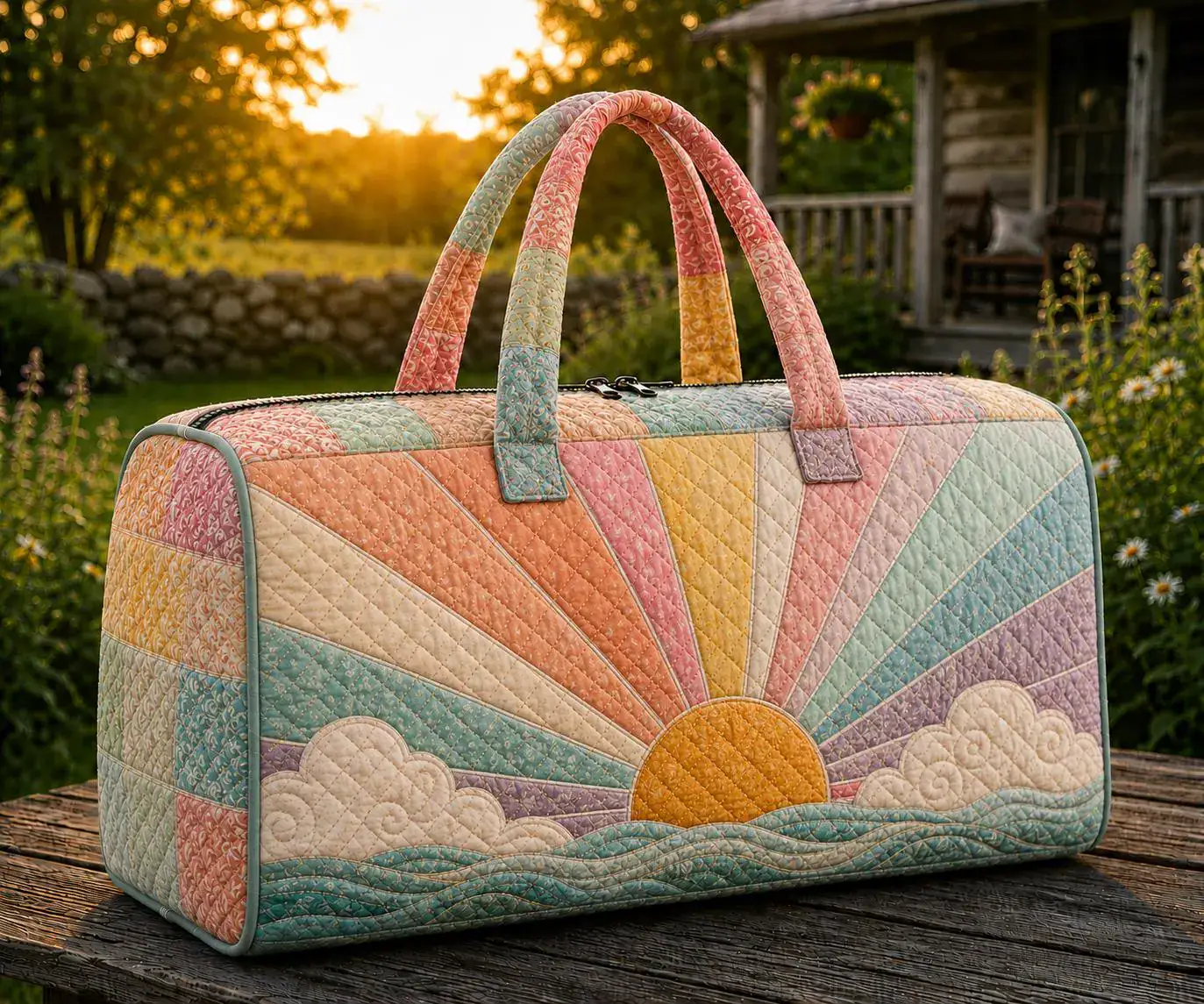 Rainbow Sunburst Quilted Weekend Bag, Boho Sunshine Travel Duffel Bag, Colorful Retro Overnight Bag, Groovy Weekender Tote URD-O1U07
