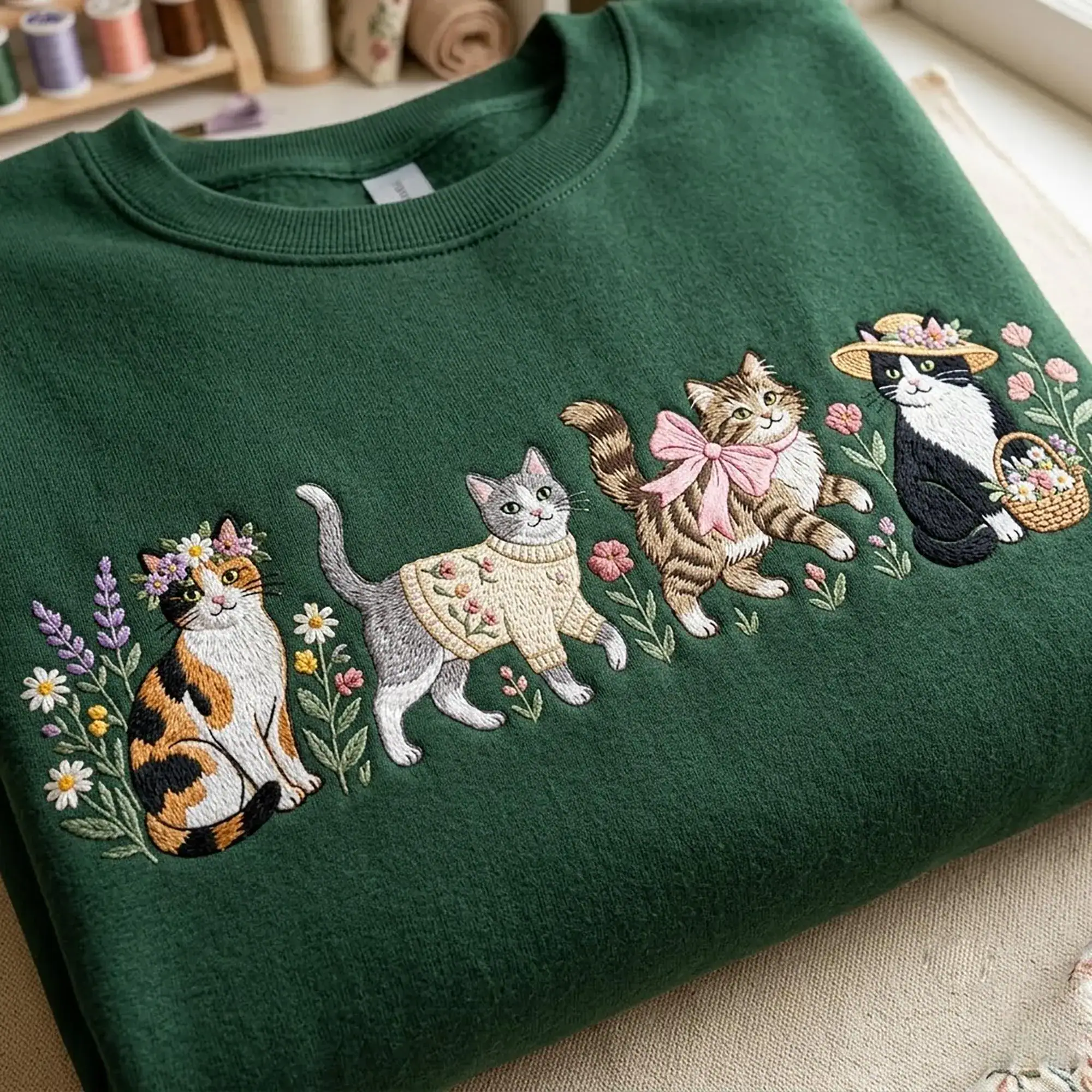 Vintage 90s Cats Embroidered Crewneck, Kitten Nature Sweatshirt, Cottagecore Wildflower Kittens Tee, Cute Pet Floral Shirt, Cat Lover Gift