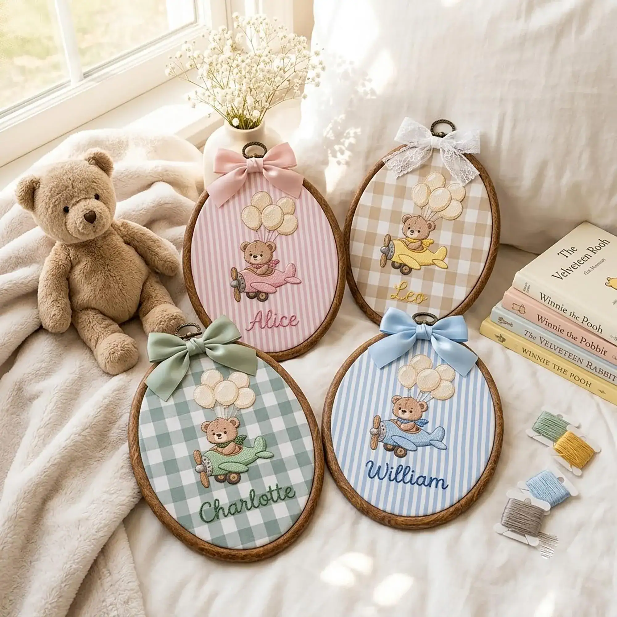 Personalized Embroidered Teddy Bear Little Boy Girl Name Hoop, Name Reveal Sign Heirloom, Nursery Wall Decor, New Arrival Party Keepsake - Image 4