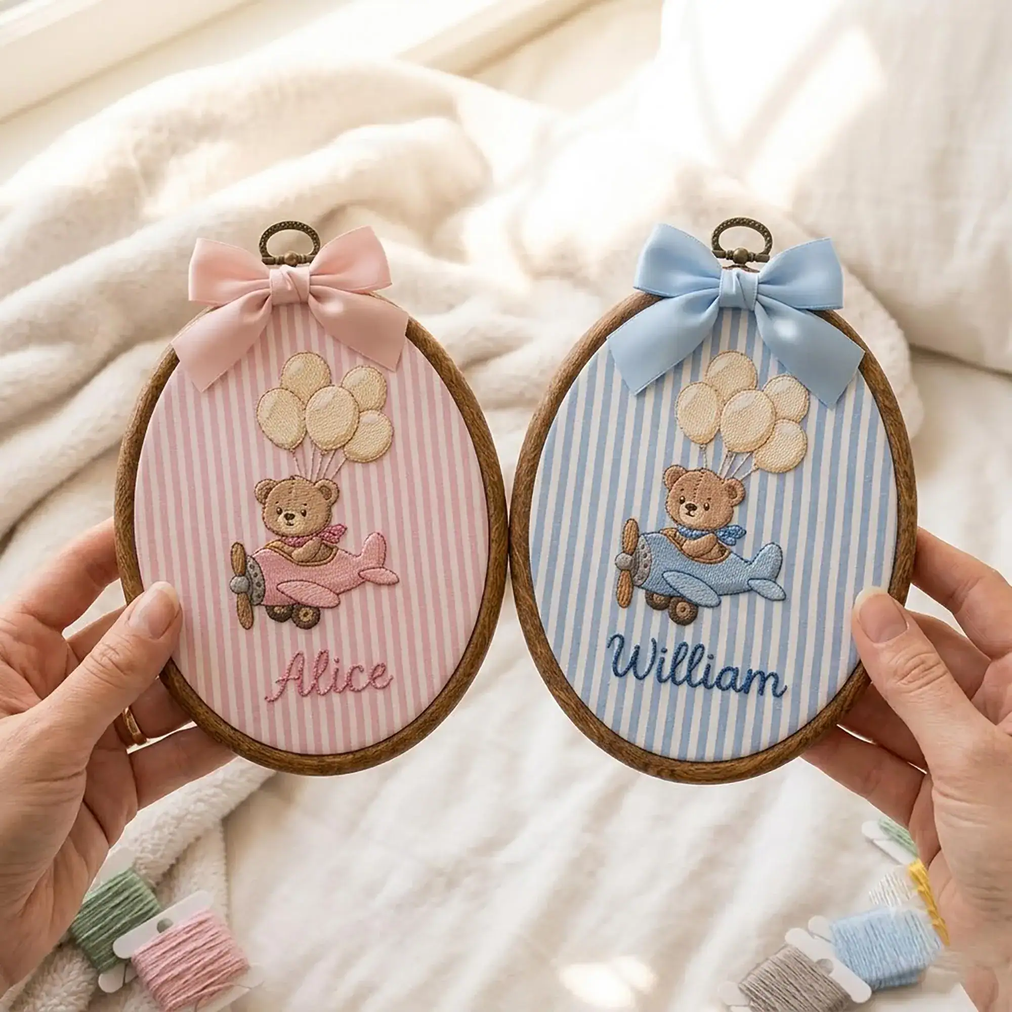 Personalized Embroidered Teddy Bear Little Boy Girl Name Hoop, Name Reveal Sign Heirloom, Nursery Wall Decor, New Arrival Party Keepsake - Image 2