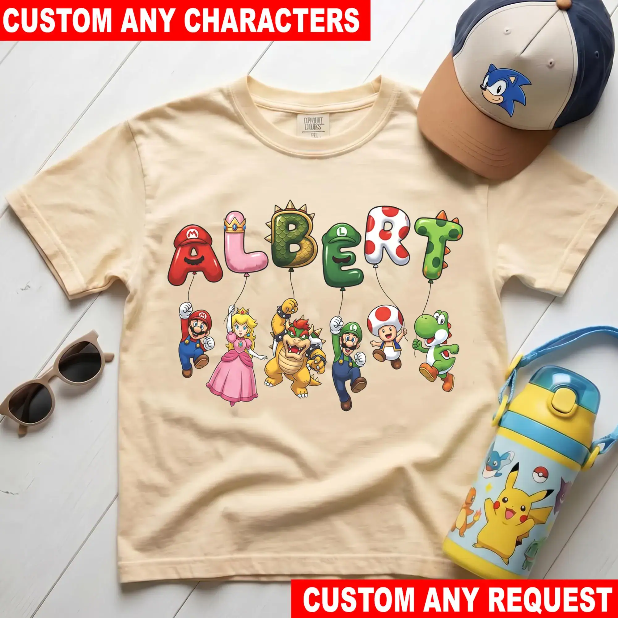 Personalized Super Mario Balloon T Shirt, Custom Nintendo Character Tee, Mario Luigi Yoshi Princess Peach Kids Shirt, Birthday Gift Tee