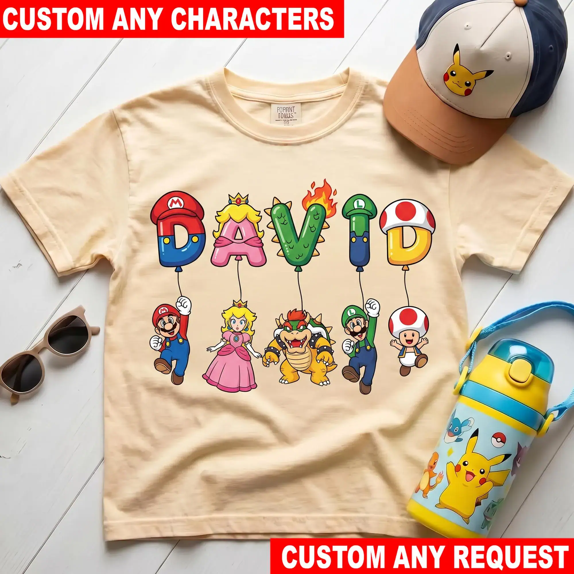 Personalized Super Mario Balloon T Shirt, Custom Nintendo Character Tee, Mario Luigi Yoshi Princess Peach Kids Shirt, Birthday Gift Tee