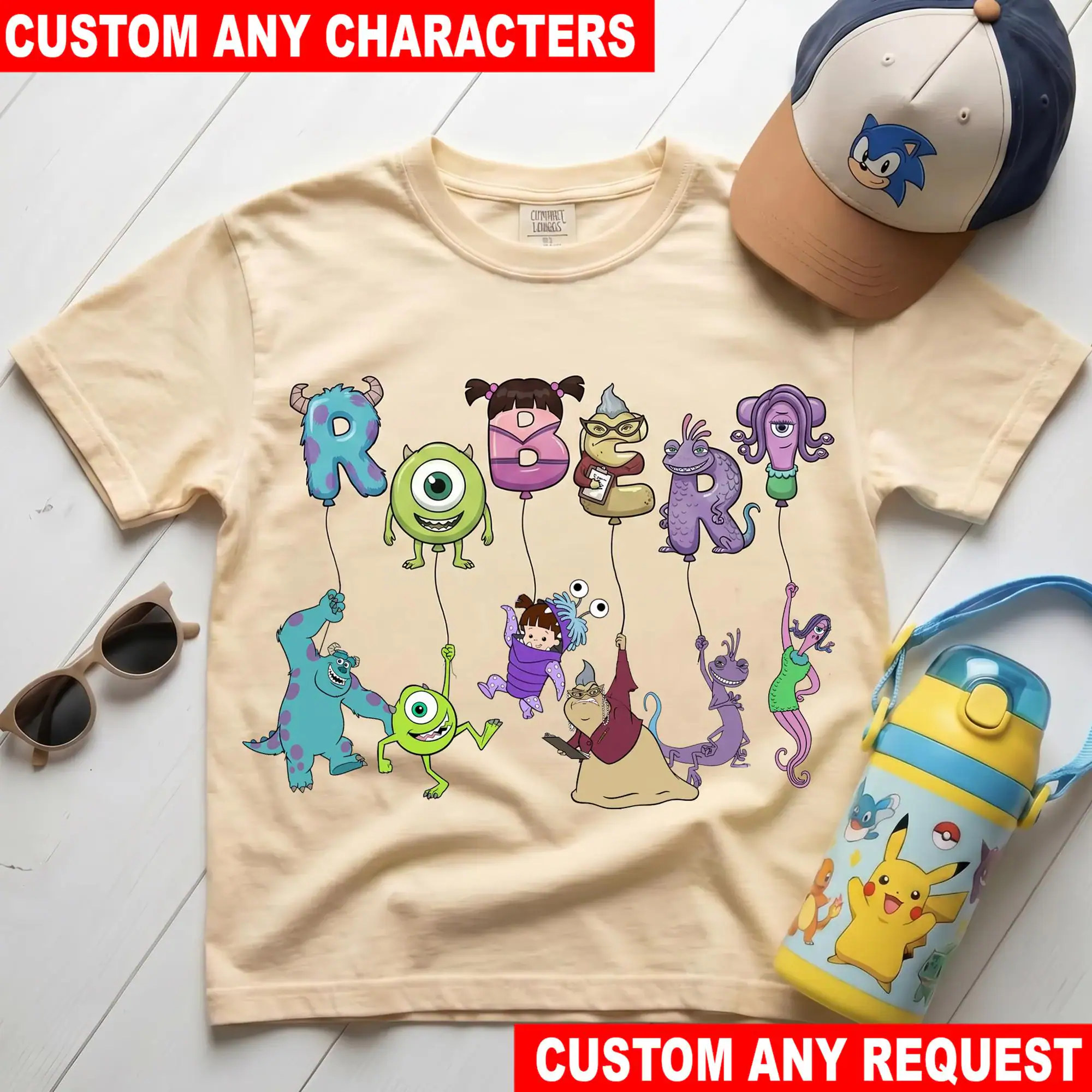 Personalized Monsters Inc Balloon T Shirt, Custom Name DN Pixar Character Tee, Sulley Mike Boo Randall Kids Birthday Shirt Gift