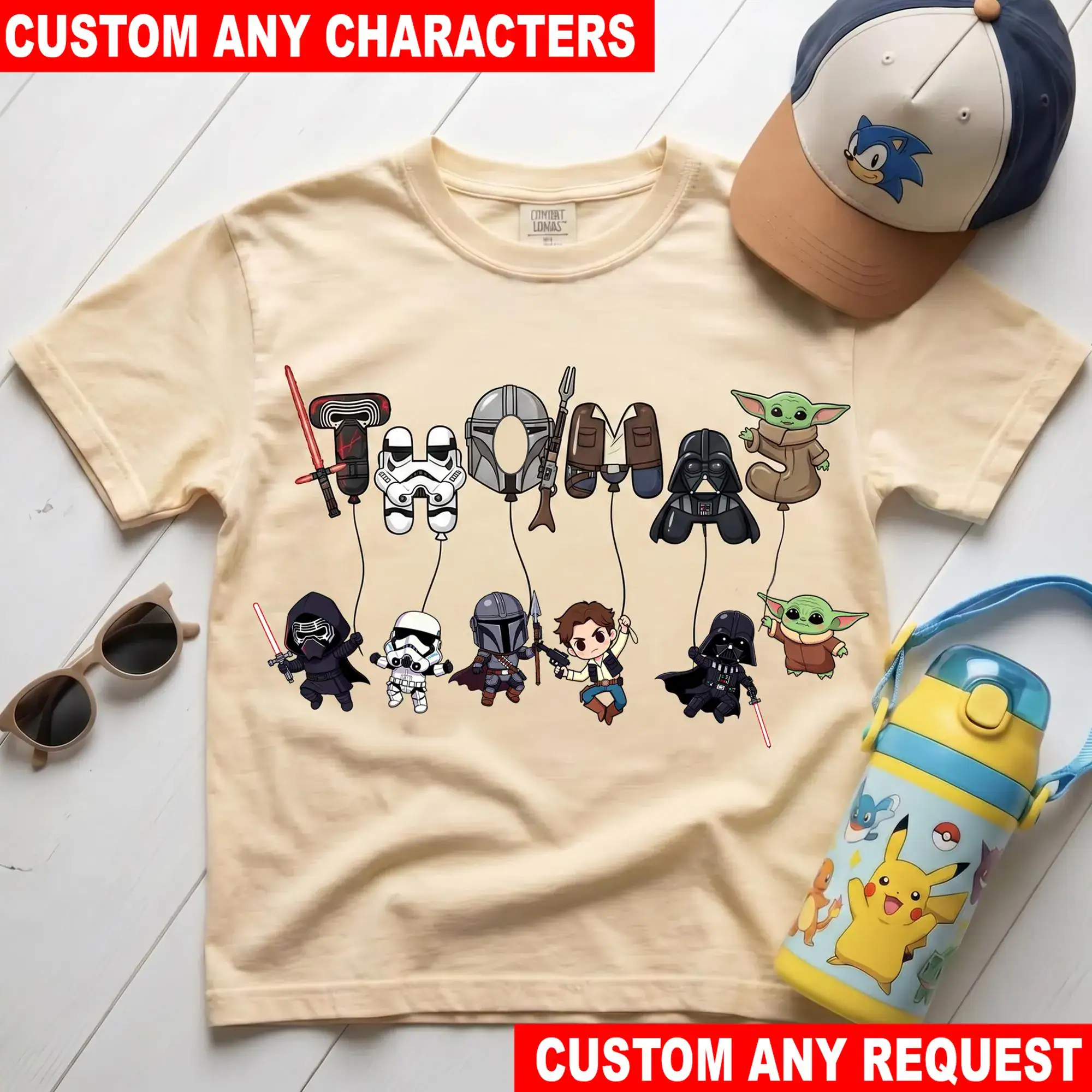 Personalized Star Wars Balloon T Shirt, Custom Mandalorian Grogu Darth Vader Character Tee, Kids Birthday Gift DN Shirt