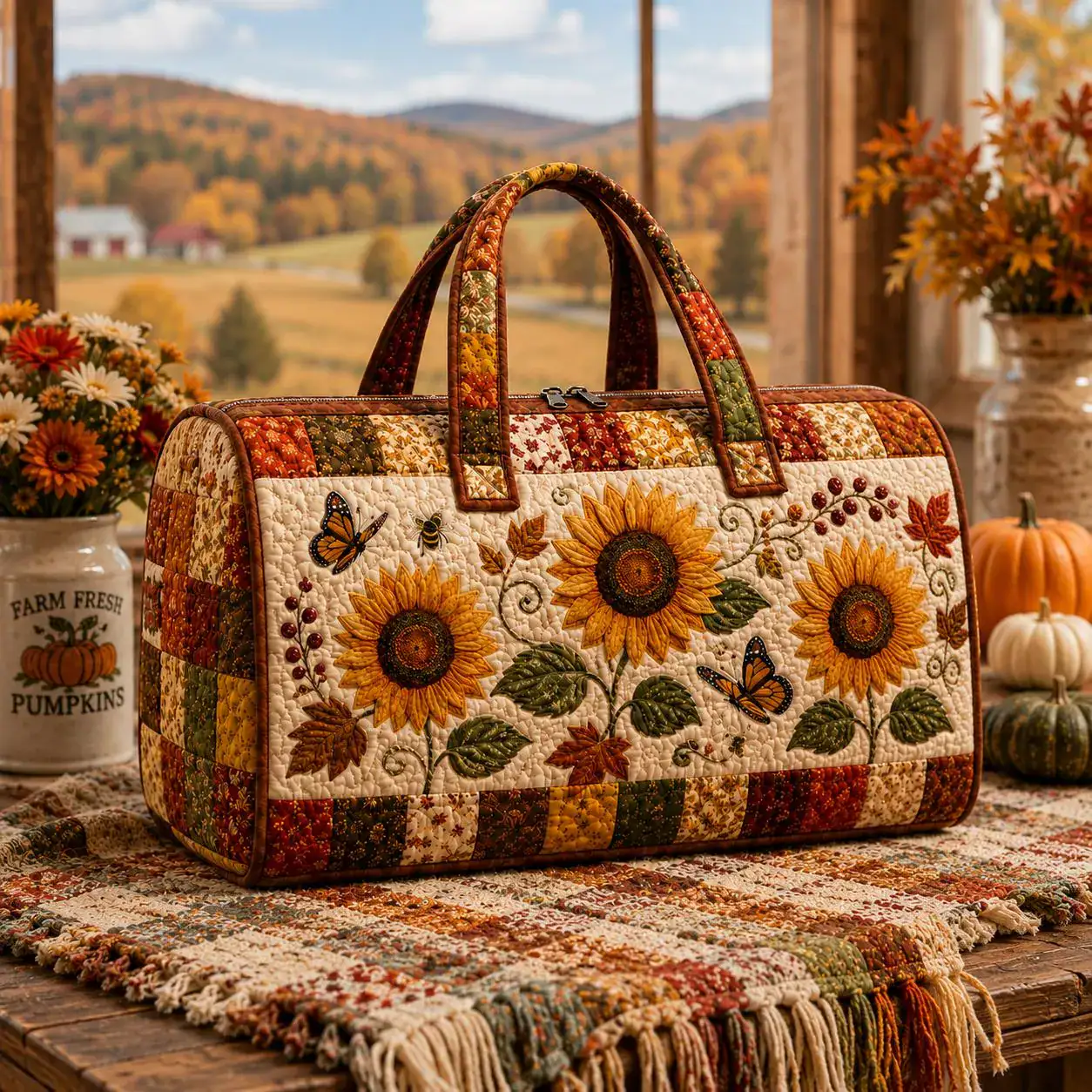 Sunflower Quilted Weekend Bag, Butterfly Floral Travel Duffel, Autumn Farmhouse Overnight Bag, Rustic Flower Lover Gift SRD-UYM63