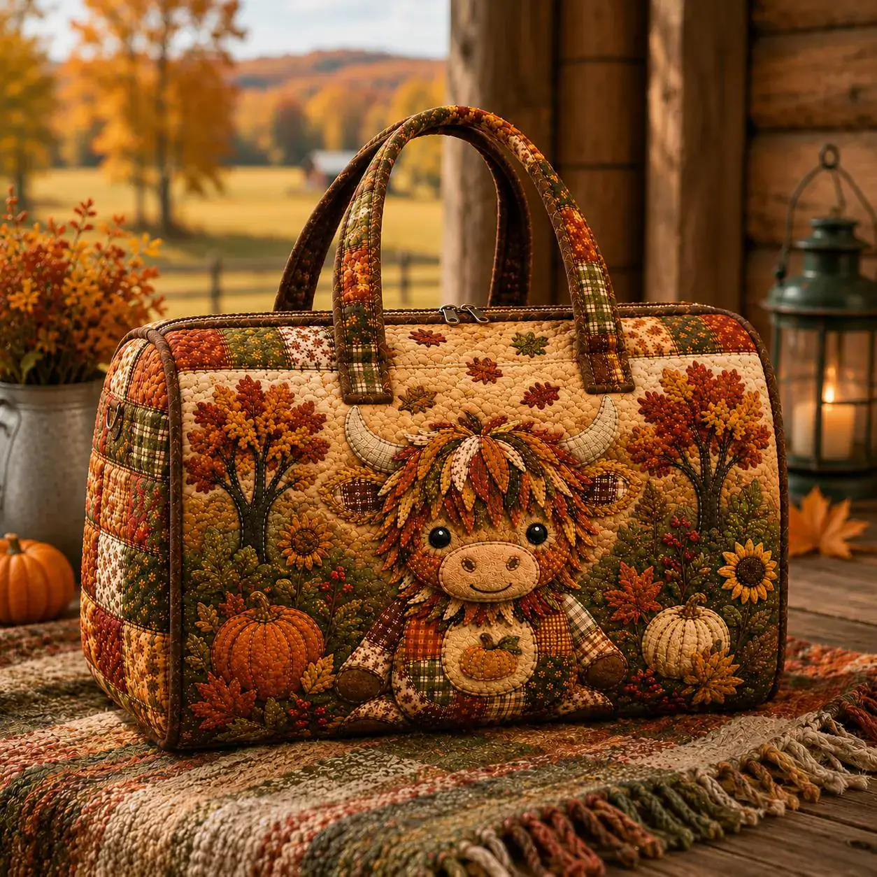 Highland Cow Quilted Weekend Bag, Fall Cow Travel Duffel Bag, Rustic Autumn Farmhouse Overnight Bag, Cow Lover Gift SRD-UYM64