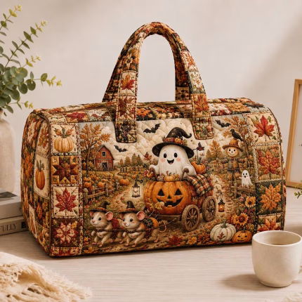 Halloween Quilted Weekend Bag, Ghost Pumpkin Patch Travel Duffel, Autumn Farm Carry On Bag, Spooky Fall Gift for Her ORD-ITI82