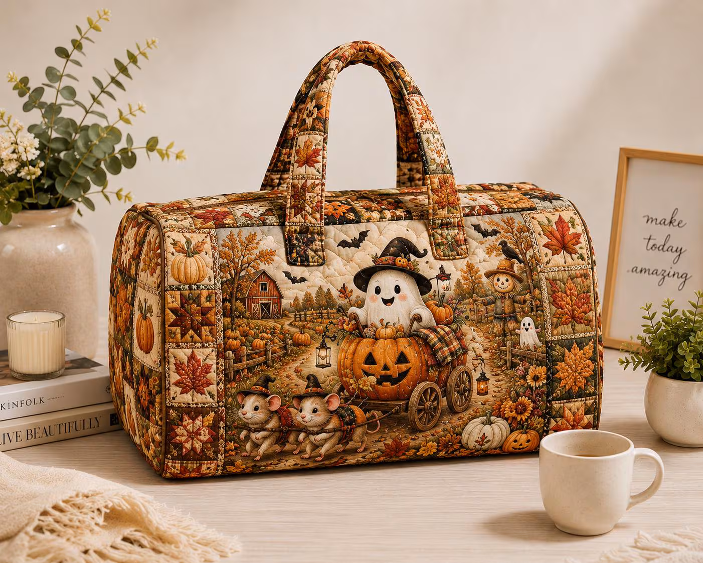 Halloween Quilted Weekend Bag, Ghost Pumpkin Patch Travel Duffel, Autumn Farm Carry On Bag, Spooky Fall Gift for Her ORD-ITI82