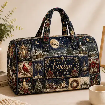 Personalized Christmas Quilted Weekend Bag, North Pole Travel Duffel, Holiday Carry On Luggage, Custom Gift for Her ORD-ITI91