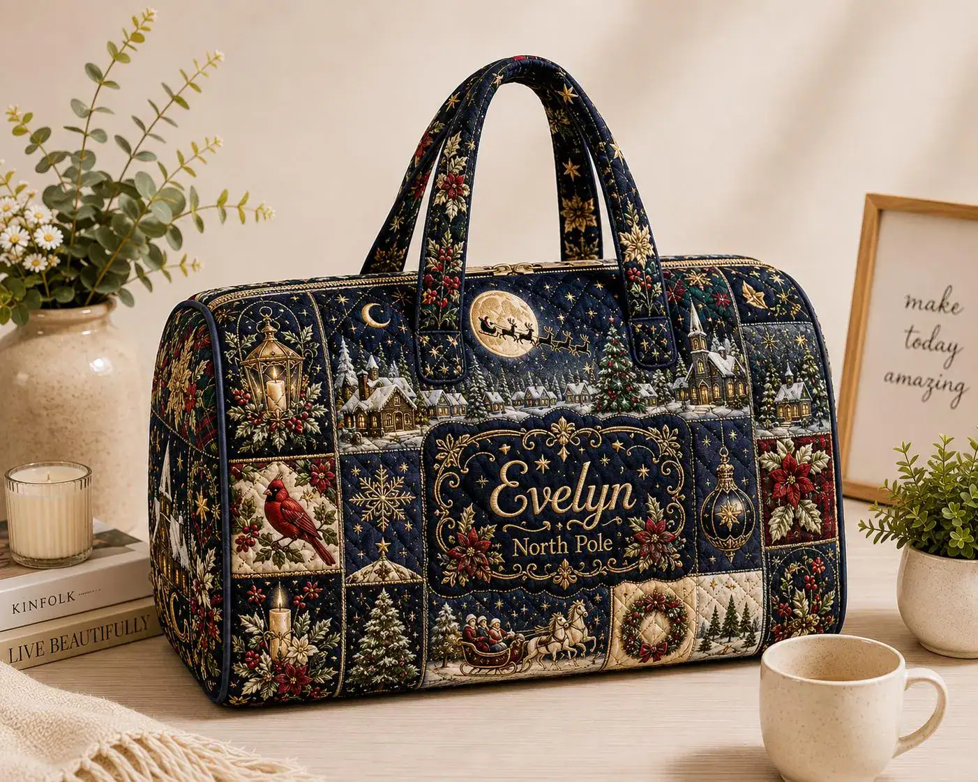 Personalized Christmas Quilted Weekend Bag, North Pole Travel Duffel, Holiday Carry On Luggage, Custom Gift for Her ORD-ITI91