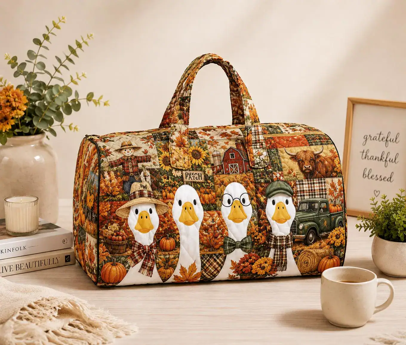 Fall Goose Quilted Weekend Bag, Autumn Pumpkin Travel Duffel, Highland Farm Goose Overnight Bag, Thanksgiving Gift ORD-ITI40