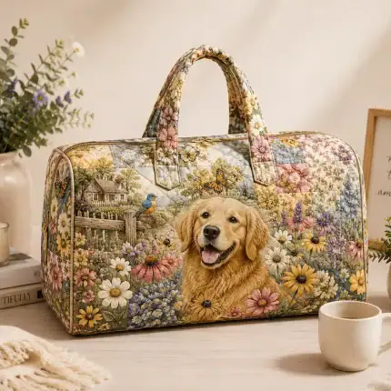 Golden Retriever Quilted Weekend Bag, Floral Garden Travel Duffle, Cottagecore Overnight Bag, Dog Lover Carry On Gift ORD-ITI41