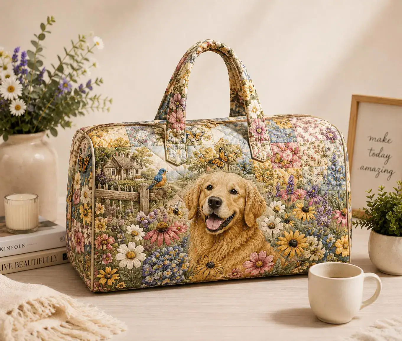 Golden Retriever Quilted Weekend Bag, Floral Garden Travel Duffle, Cottagecore Overnight Bag, Dog Lover Carry On Gift ORD-ITI41