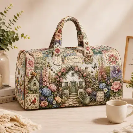 Cottage Garden Quilted Weekend Bag, Floral Travel Duffel, Grandma's Secret Garden Overnight Bag, Cottagecore Gift ORD-ITI42