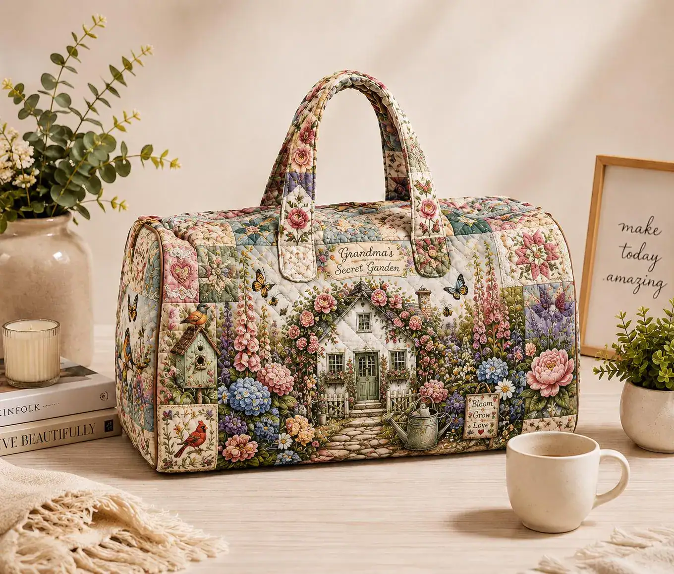 Cottage Garden Quilted Weekend Bag, Floral Travel Duffel, Grandma's Secret Garden Overnight Bag, Cottagecore Gift ORD-ITI42