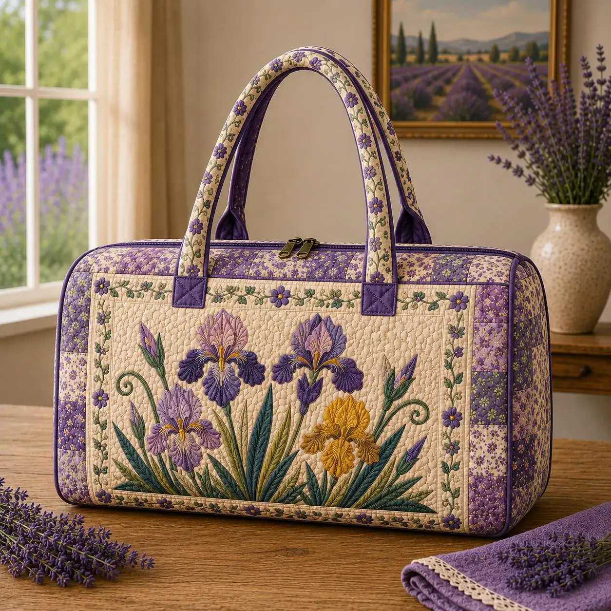 Lavender Iris Quilted Weekend Bag, Purple Floral Travel Duffel Bag, Cottagecore Flower Overnight Bag, Gift for Garden Lovers SRD-UYM75