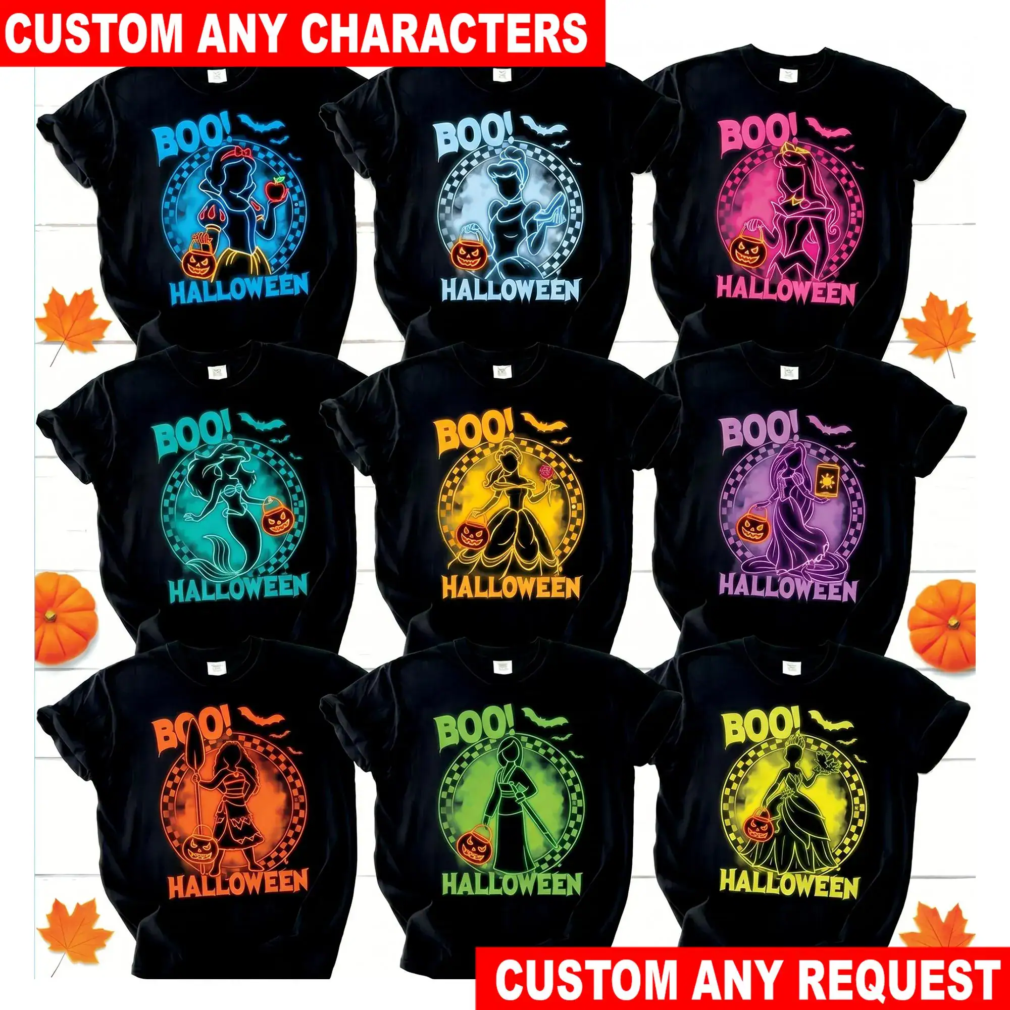 Personalized DN Princess Halloween Neon T Shirt, Snow White Cinderella Ariel Belle Aurora Moana Tiana Glow Tee Custom