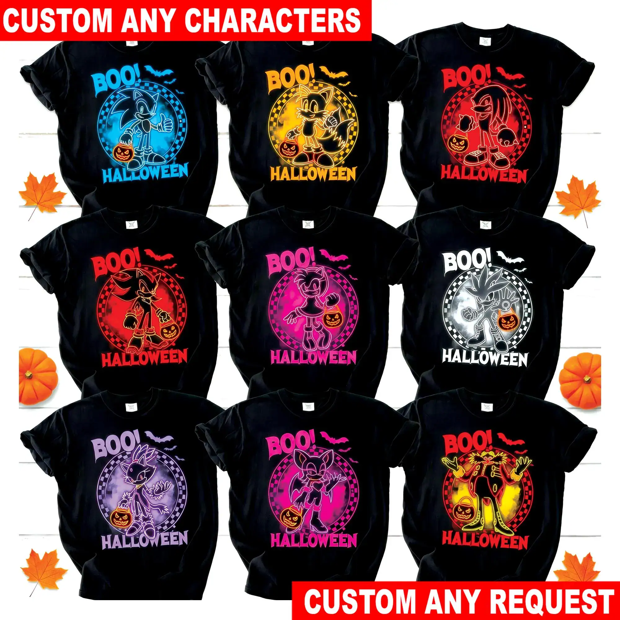 Personalized SNTH Halloween Neon T Shirt, SN Tails Knuckles Shadow Amy Silver Rouge Eggman Glow Custom Tee