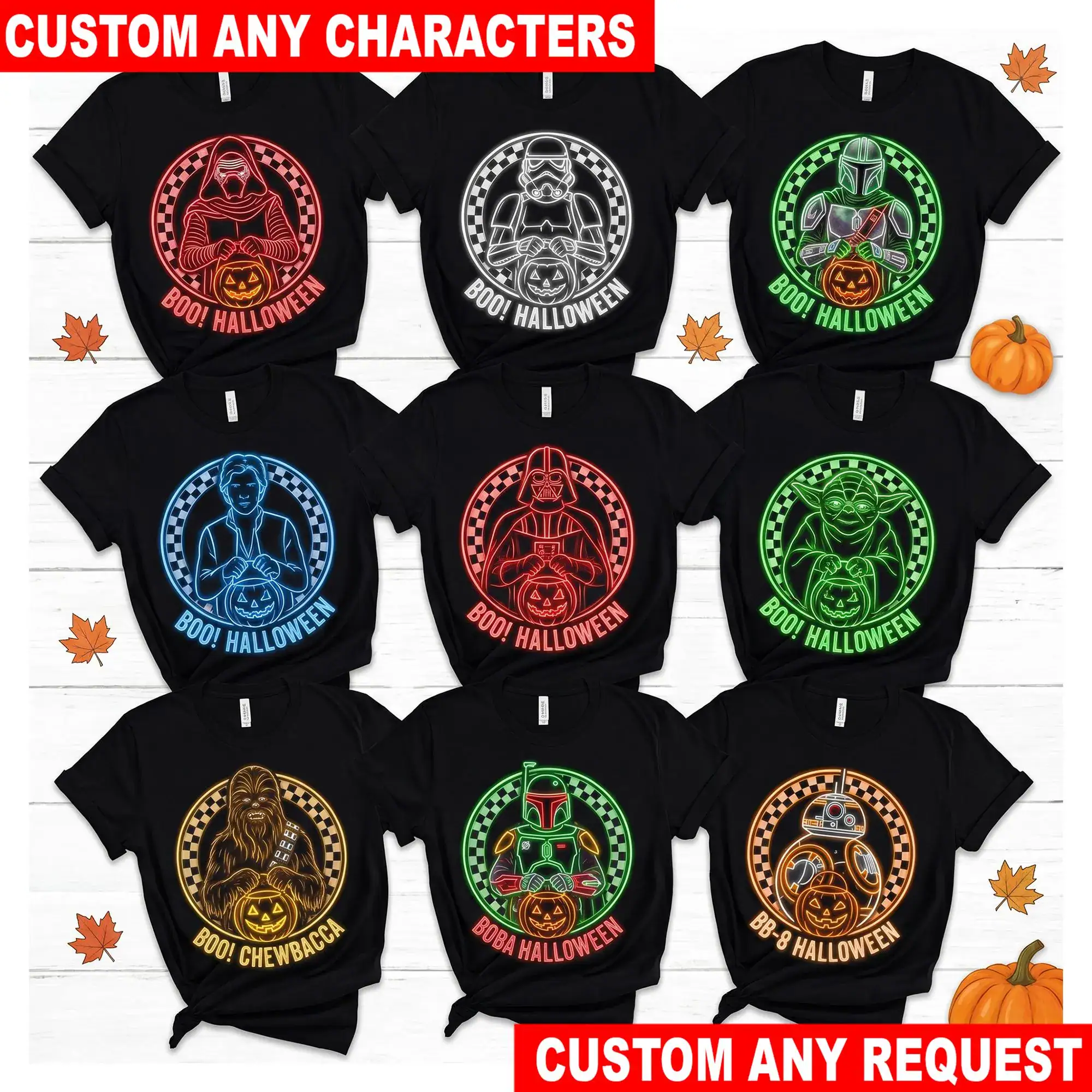 Personalized Star Wars Halloween Neon T Shirt, Darth Vader Grogu Mandalorian Kylo Ren Boba Fett BB-8 Glow Custom Tee Gift