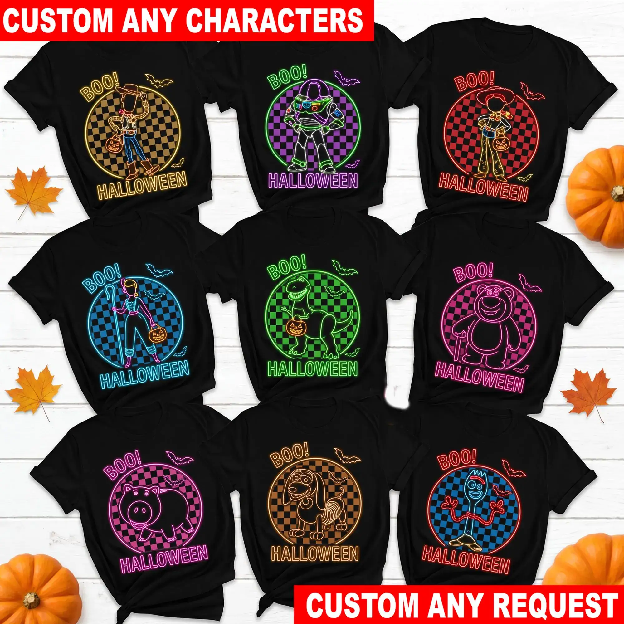 Personalized Toy Story Halloween Neon T Shirt, Woody Buzz Jessie Bo Peep Rex Hamm Slinky Forky Glow Tee Gift for Kids