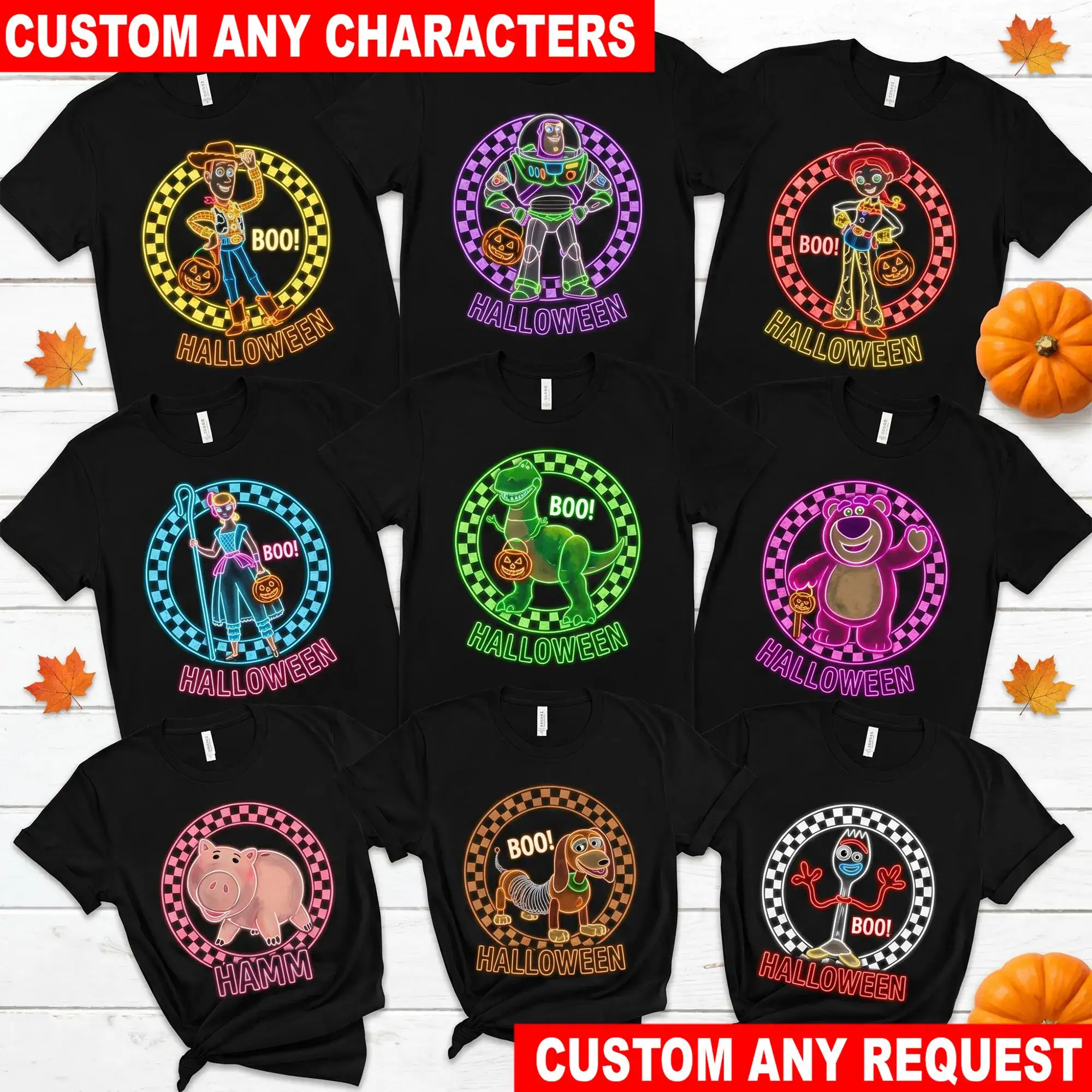 Personalized Toy Story Halloween Neon T Shirt, Woody Buzz Jessie Bo Peep Rex Hamm Slinky Forky Glow Tee Gift for Kids