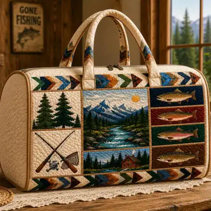 Mountain Fishing Quilted Weekend Bag, Trout Travel Duffel Bag, Outdoor Fisherman Overnight Bag, Rustic Cabin Adventure Gift SRD-UYM71