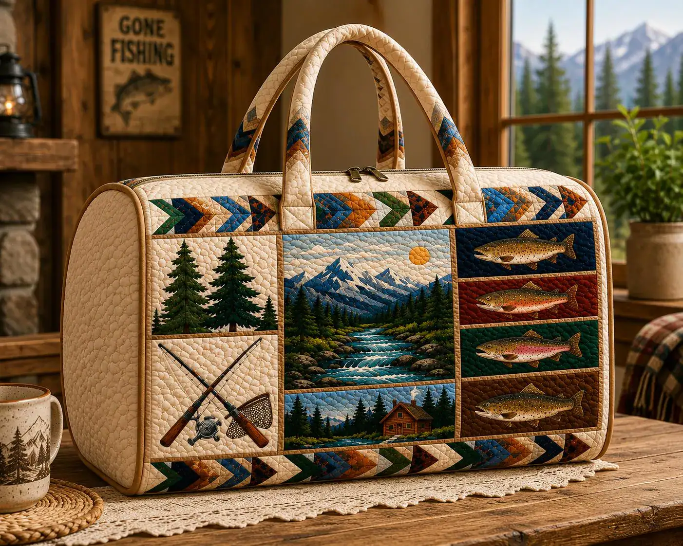 Mountain Fishing Quilted Weekend Bag, Trout Travel Duffel Bag, Outdoor Fisherman Overnight Bag, Rustic Cabin Adventure Gift SRD-UYM71