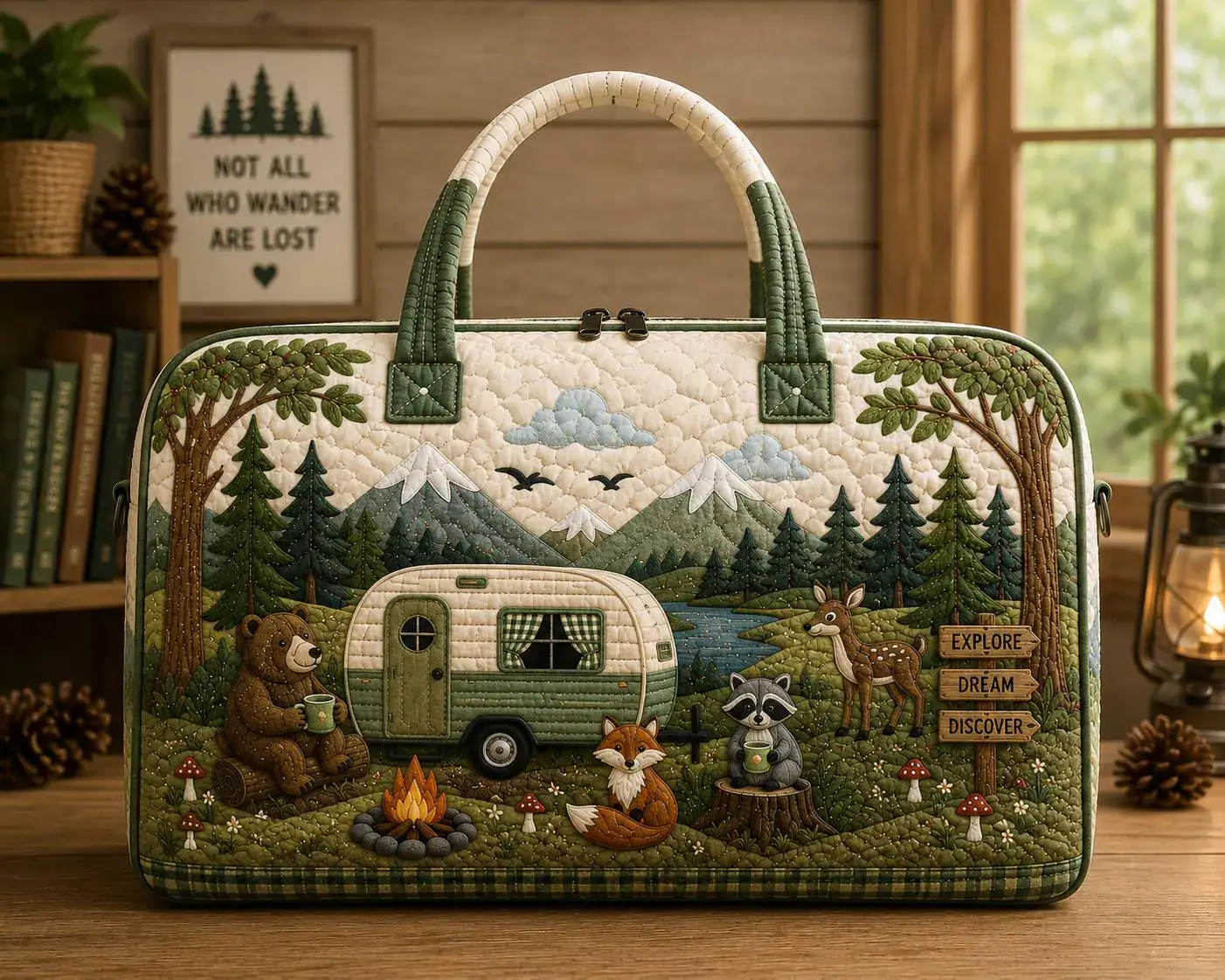Woodland Camping Quilted Weekender Bag, Forest Travel Duffel Bag, Camper Overnight Bag, Cabin Travel Bag, Nature Lover Gift ARD-DGY17 Woodland Camping Quilted Weekender Bag, Forest Travel Duffel Bag, Camper Overnight Bag, Cabin Travel Bag, Nature Lover Gift ARD-DGY17 - Image 1