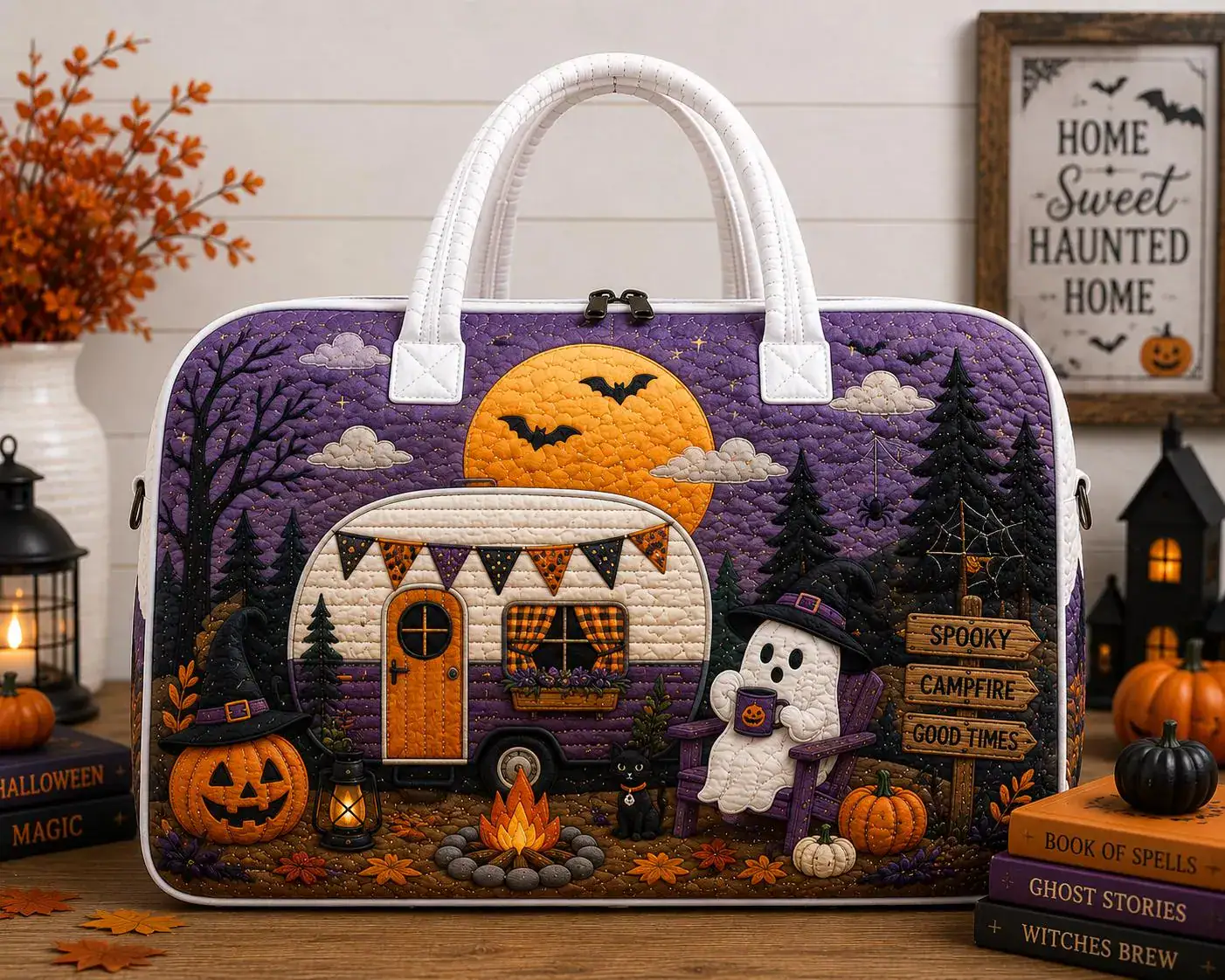 Halloween Camper Quilted Weekender Bag, Spooky Travel Duffel Bag, Ghost Camping Overnight Bag, Fall Travel Gift ARD-DGY20 Halloween Camper Quilted Weekender Bag, Spooky Travel Duffel Bag, Ghost Camping Overnight Bag, Fall Travel Gift ARD-DGY20 - Image 1