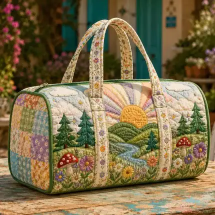 Patchwork Floral Quilted Weekender Bag, Cottagecore Travel Duffel Bag, Wildflower Overnight Bag, Weekend Getaway Bag, Carry On Bag ARD-FGY17
