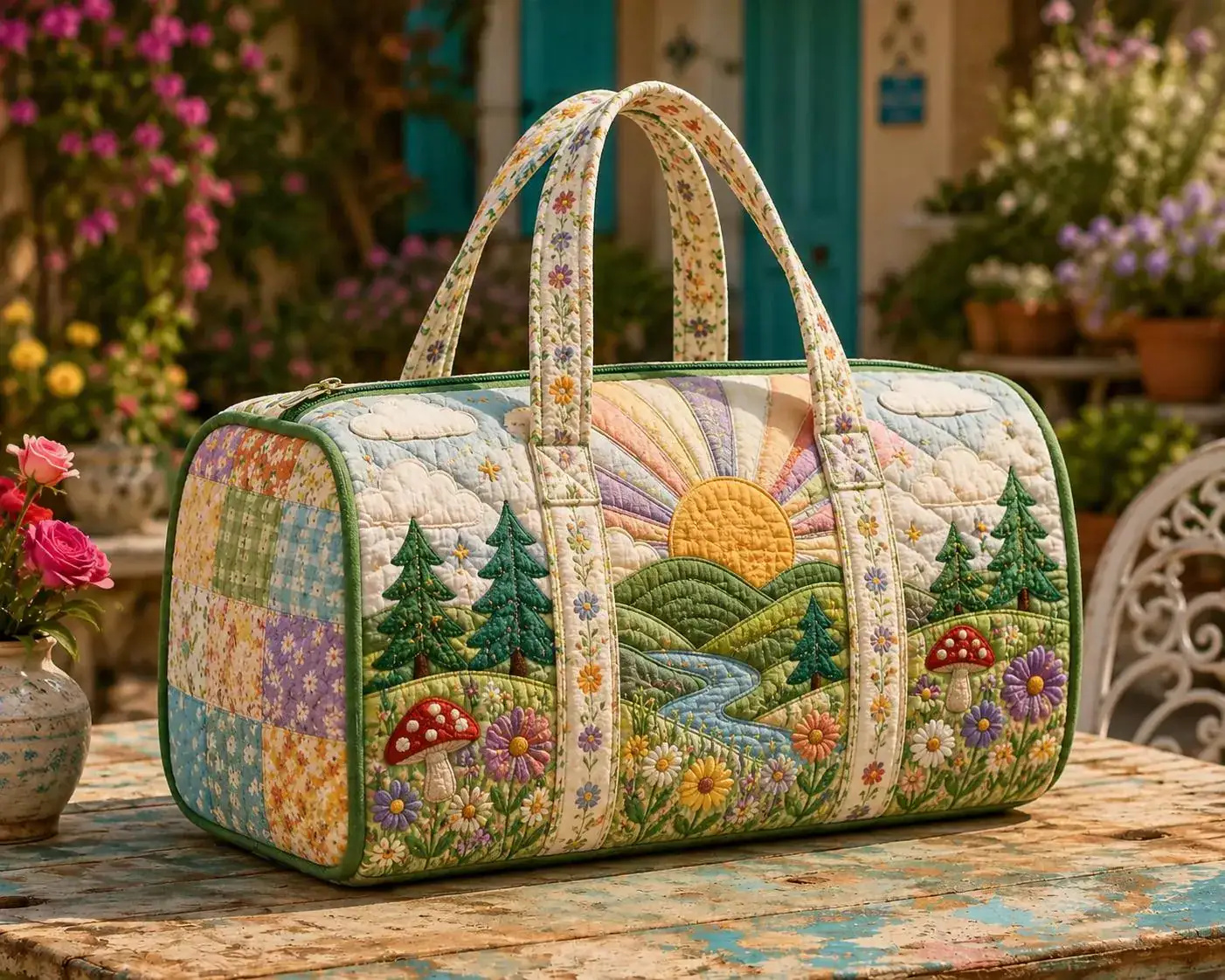 Patchwork Floral Quilted Weekender Bag, Cottagecore Travel Duffel Bag, Wildflower Overnight Bag, Weekend Getaway Bag, Carry On Bag ARD-FGY17