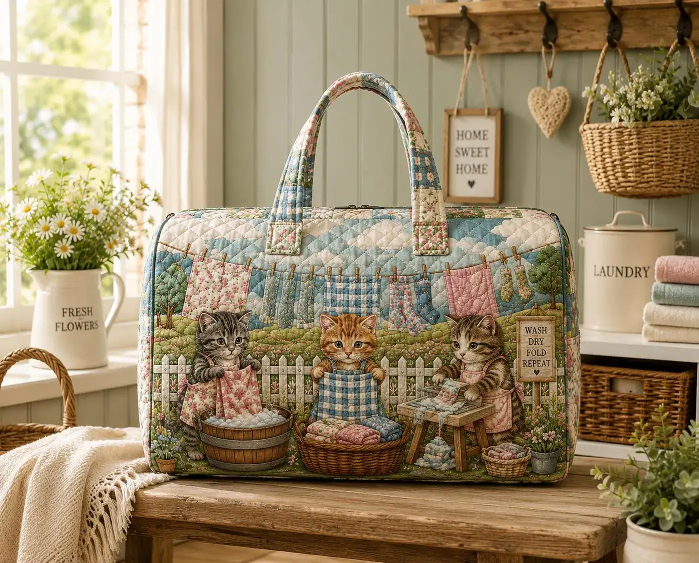 Cat Quilted Weekender Bag, Cottagecore Travel Duffle Bag, Laundry Cat Overnight Bag, Floral Weekend Bag, Carry On Bag ARD-FGY19